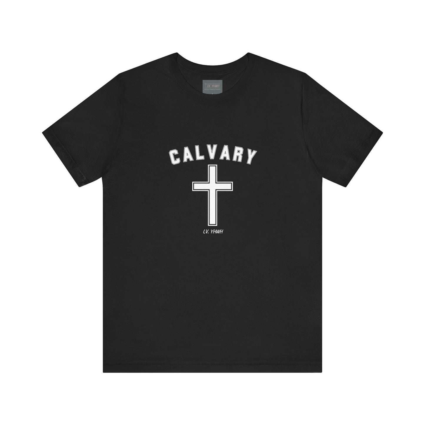 Calvary Christian t-shirt black crewneck with white cross and arched CALVARY lettering religious apparel