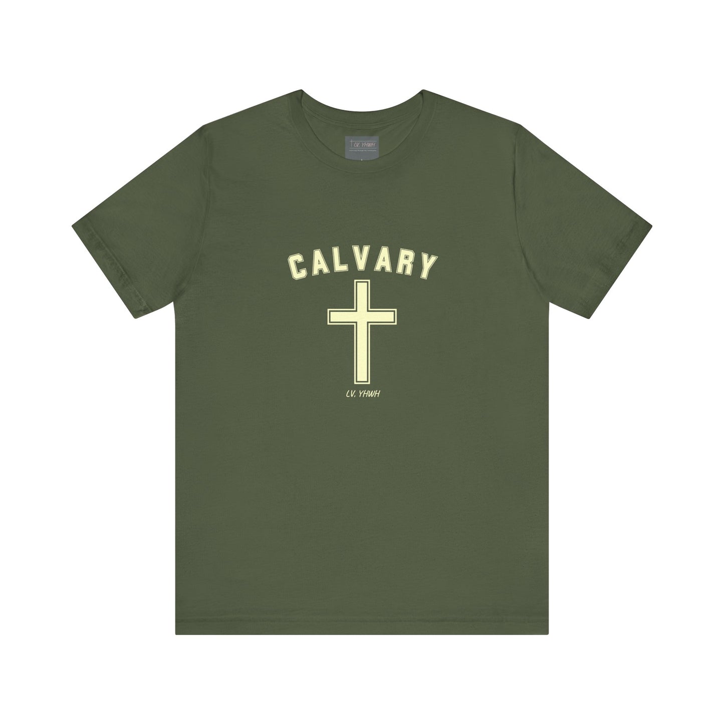 Printify olive green Calvary Christian t-shirt with cream cross graphic and arched CALVARY text