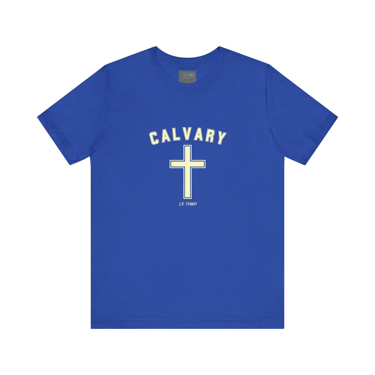 Printify blue Calvary Christian t-shirt with arched CALVARY text and centered yellow outlined cross design