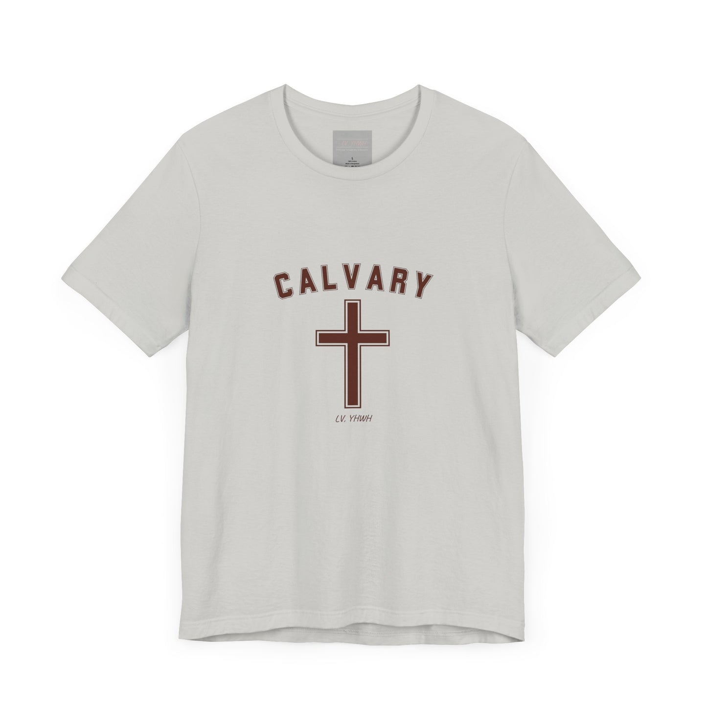 Calvary Christian t-shirt cream cotton tee with maroon arched CALVARY lettering and centered cross graphic