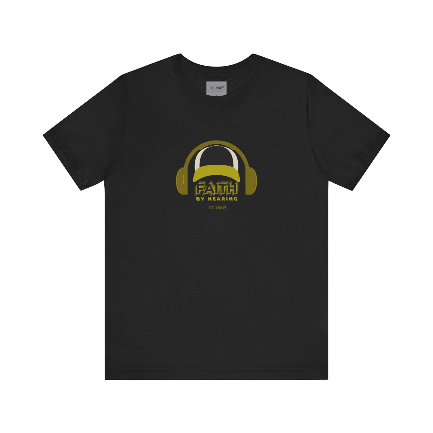 Printify black crewneck faith by hearing t-shirt with gold headphone graphic centered on chest