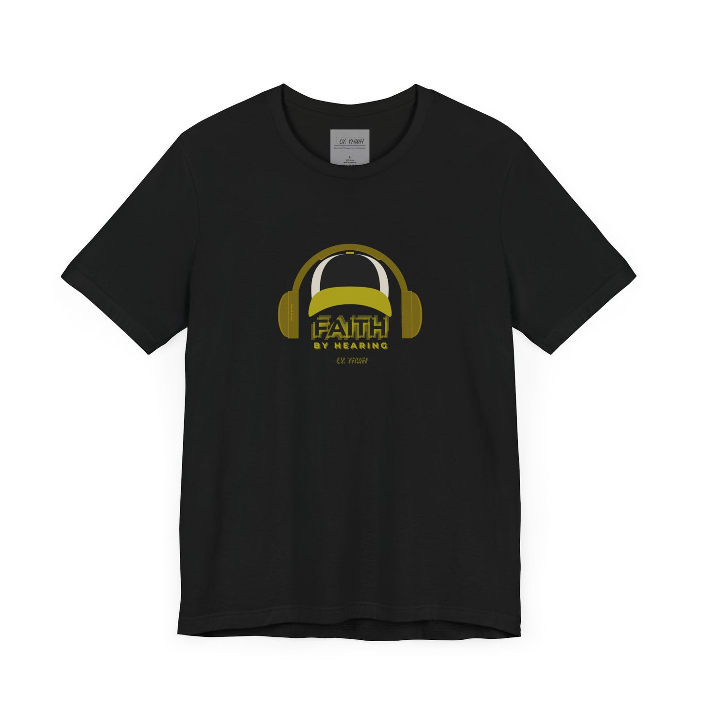 Printify black cotton faith by hearing t-shirt with olive headphones graphic and bold FAITH lettering