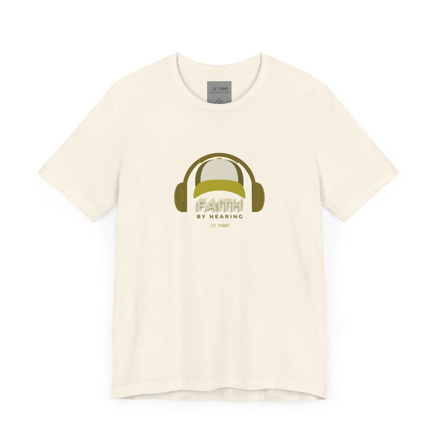 Cream cotton faith by hearing t-shirt with olive headphone graphic centered for casual everyday wear