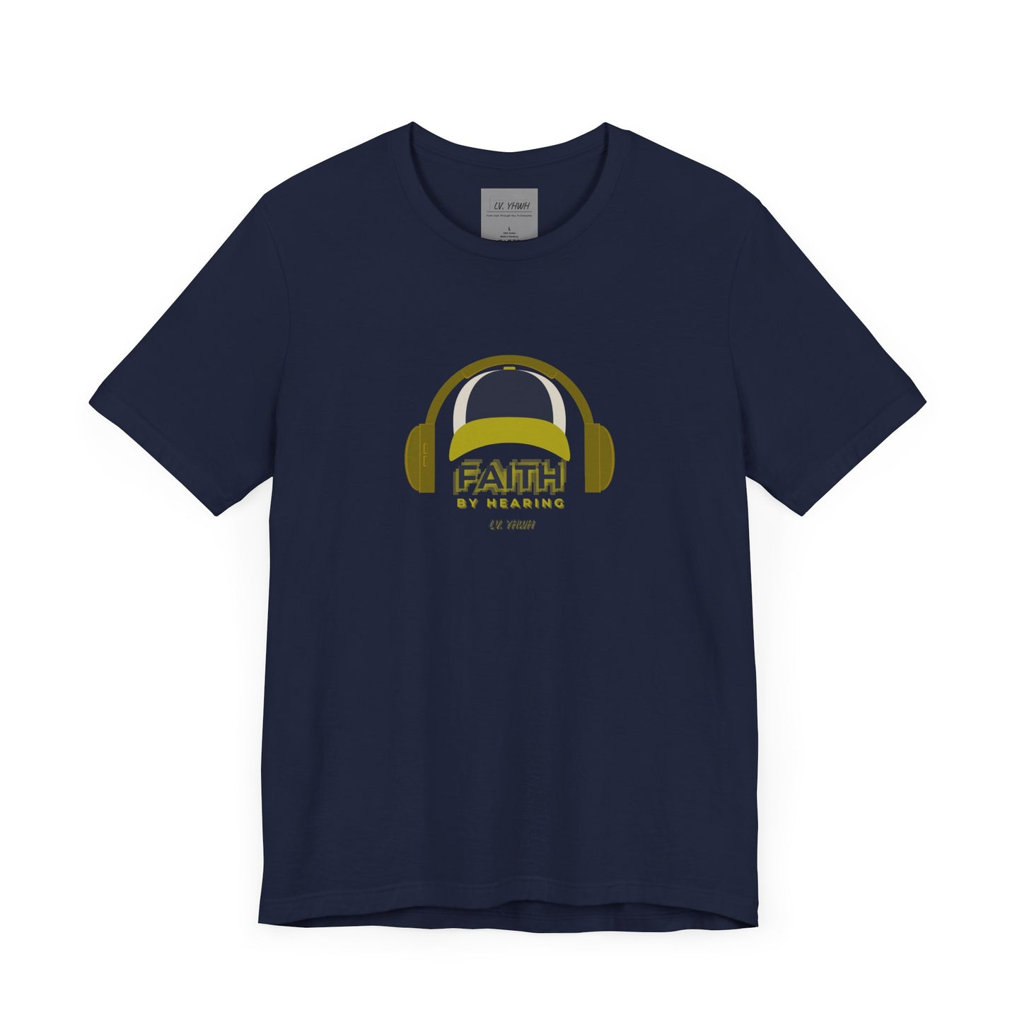 Printify navy crew neck t shirt with yellow headphone graphic and faith by hearing t-shirt design