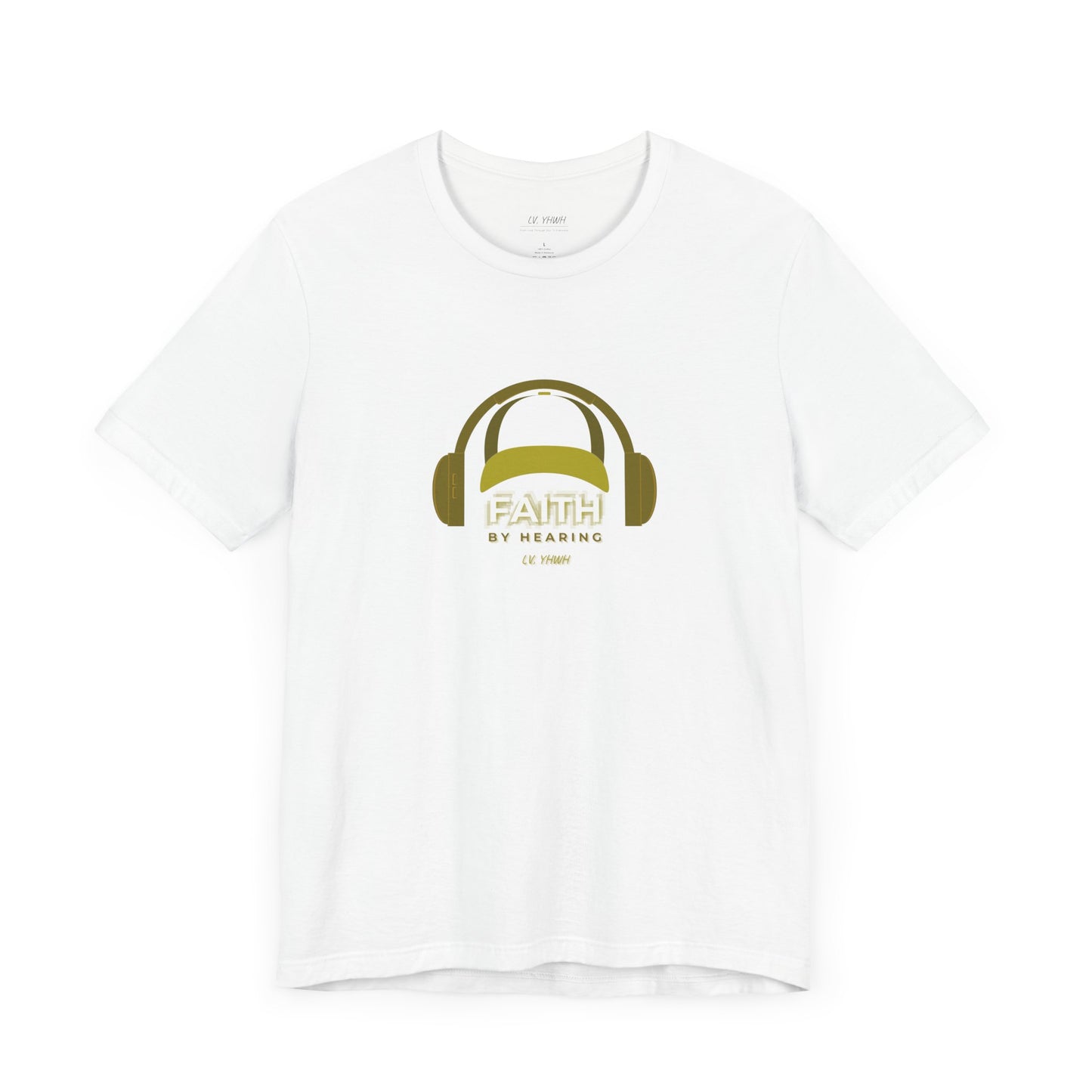 Printify white crewneck faith by hearing t-shirt with olive gold headphone graphic and bold FAITH text