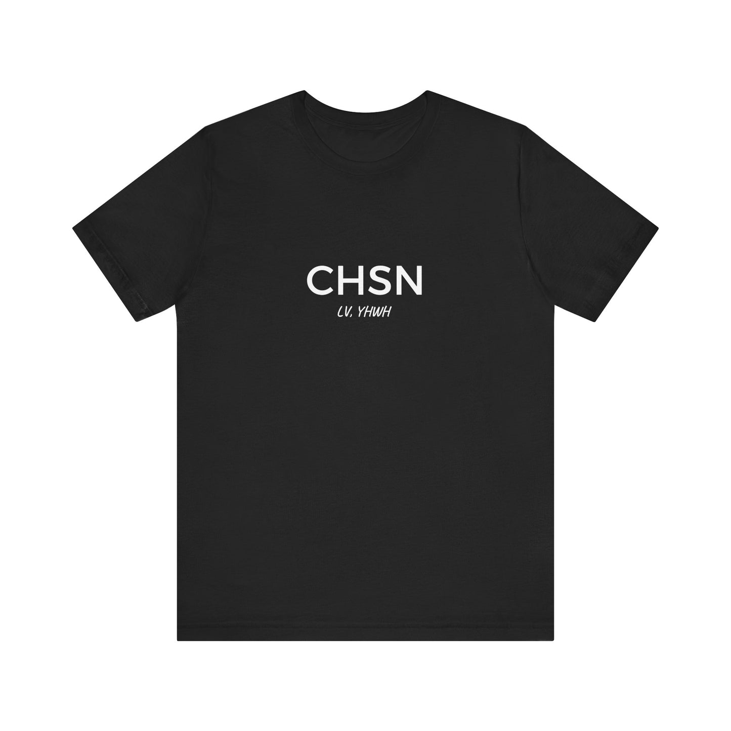 Black Printify crew neck tee with white CHSN and CV YHWH chest print Christian graphic t-shirt for everyday faith wear