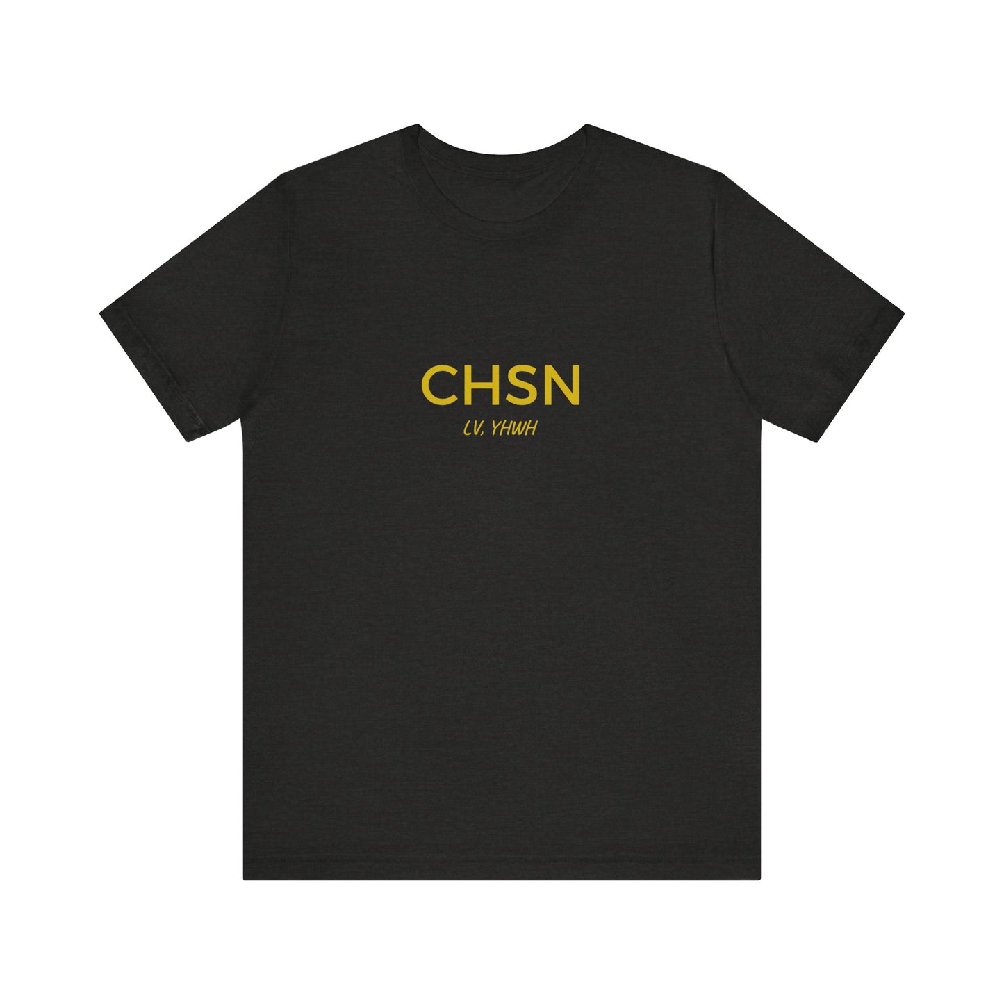 Black unisex Christian graphic t-shirt with gold CHSN chest print and small script below
