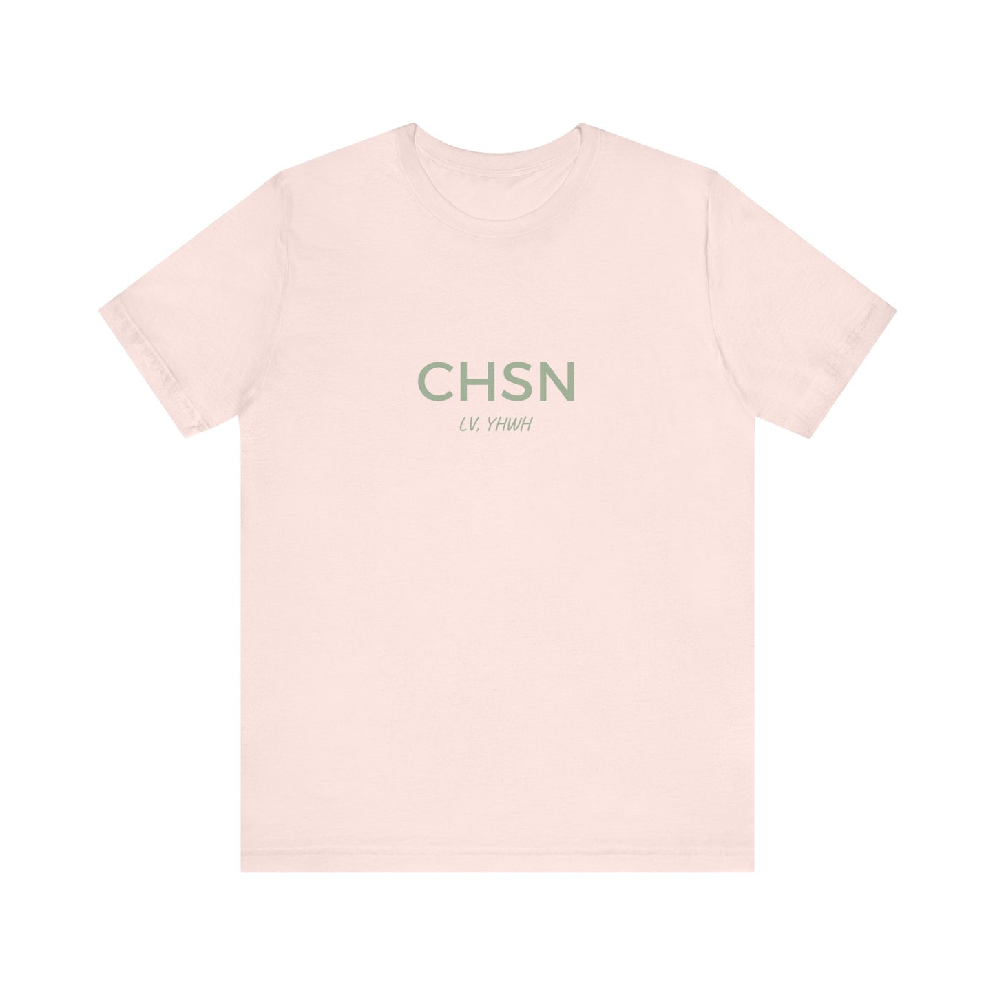 Printify pale pink unisex tee with centered green CHSN text and small script below Christian graphic t-shirt