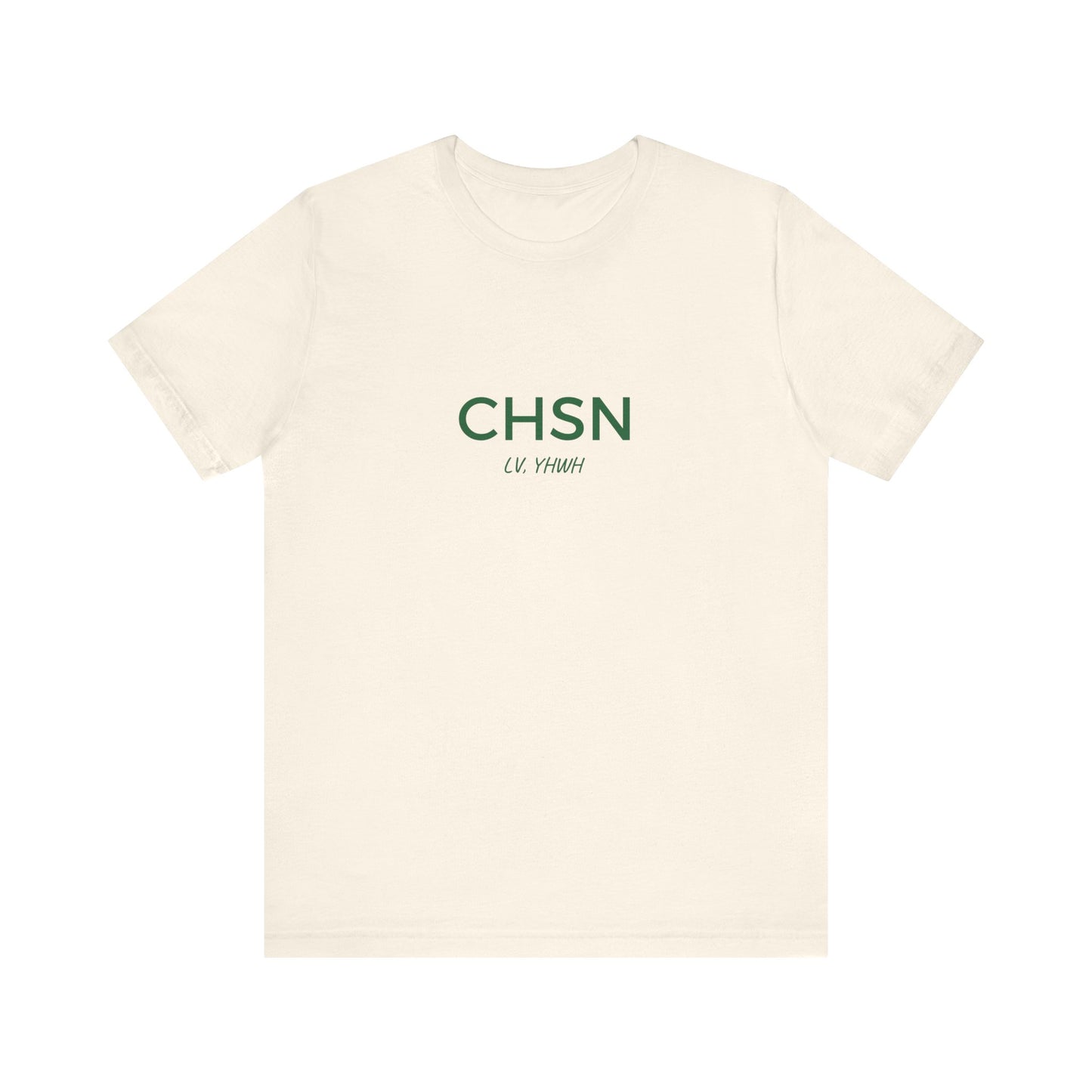 Printify cream unisex Christian graphic t-shirt featuring green CHSN chest logo and small YHWH text