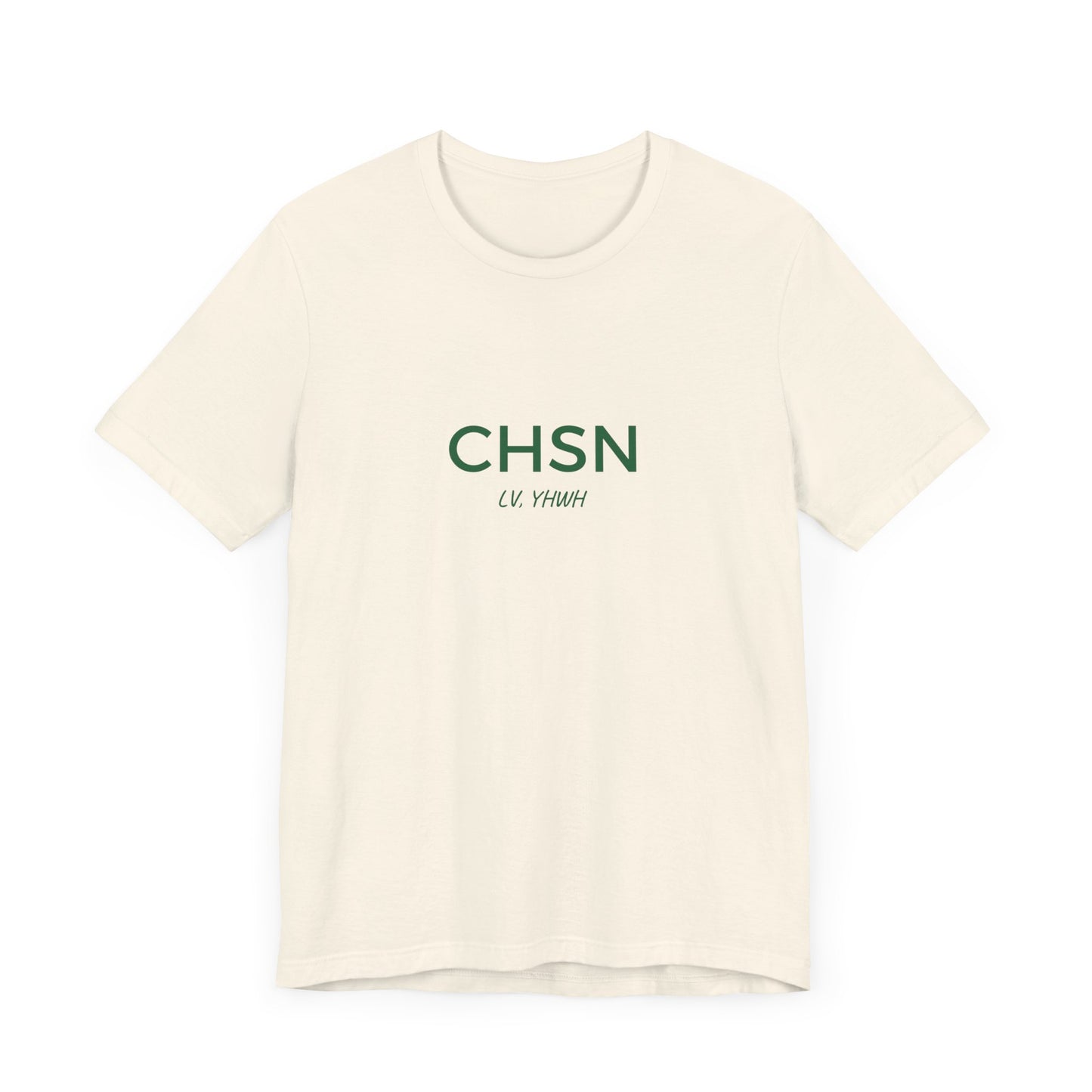 Printify cream crewneck tee with green CHSN chest print and small YHWH text Christian graphic t-shirt