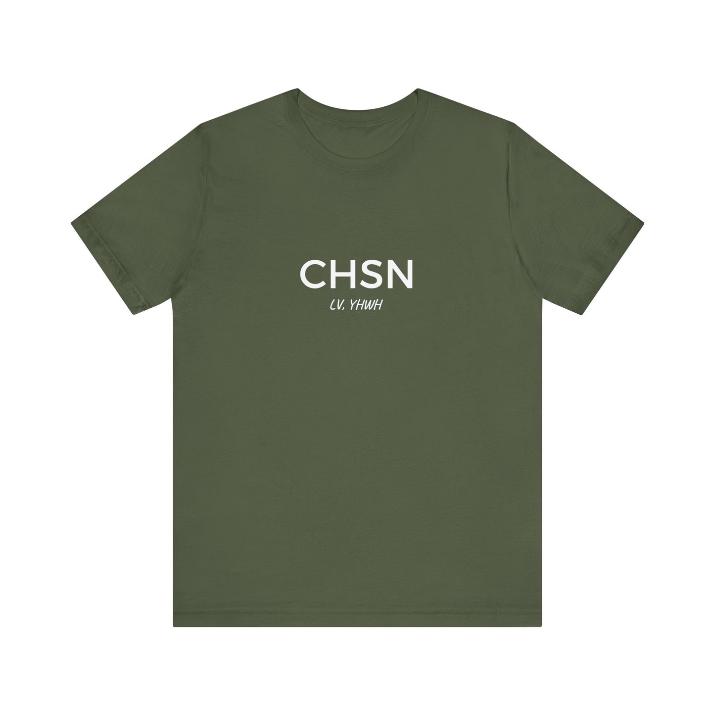 Printify olive green Christian graphic t-shirt with minimalist CHSN white logo on front for daily faith wear