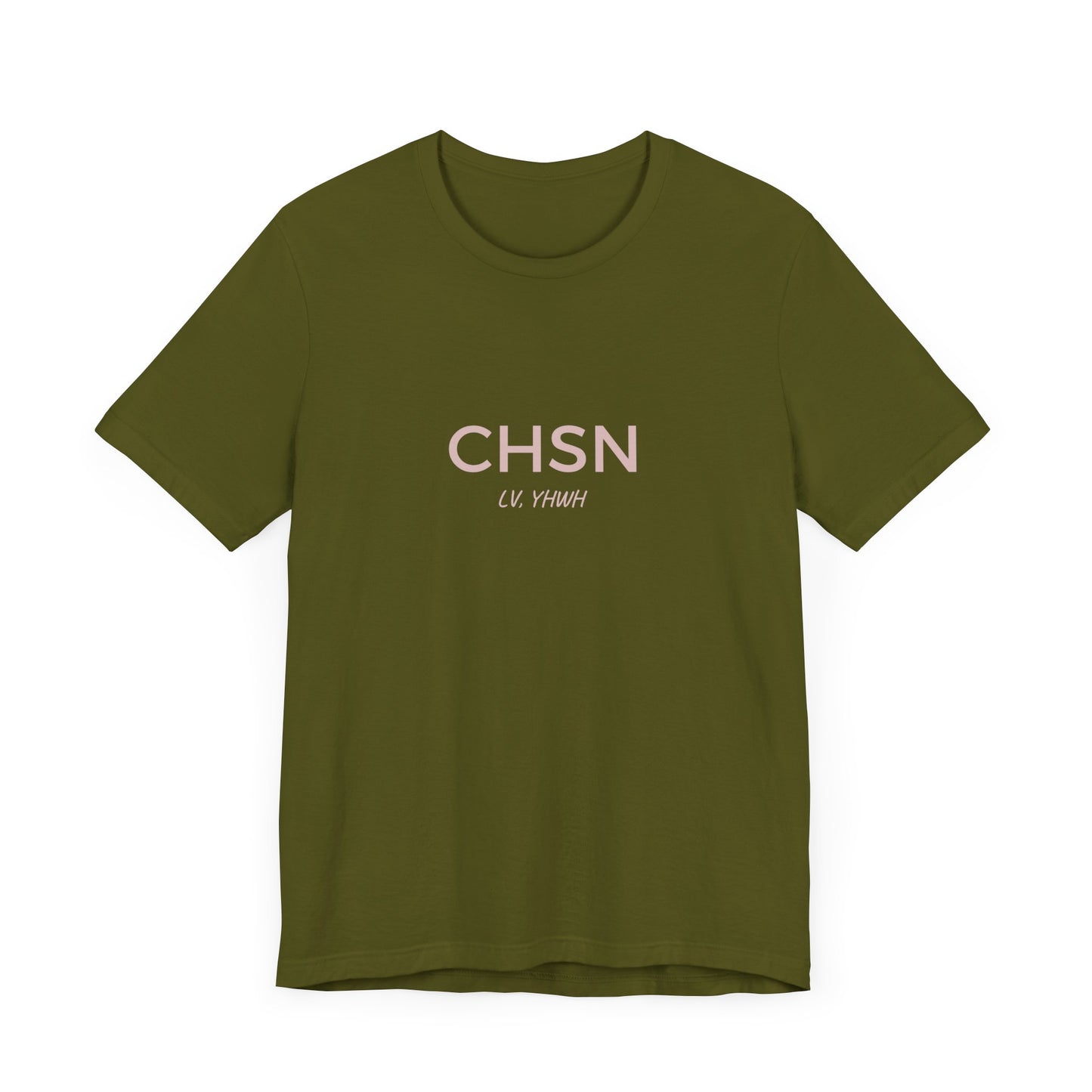 Printify olive green t-shirt with minimalist CHSN text and small YHWH script Christian graphic t-shirt