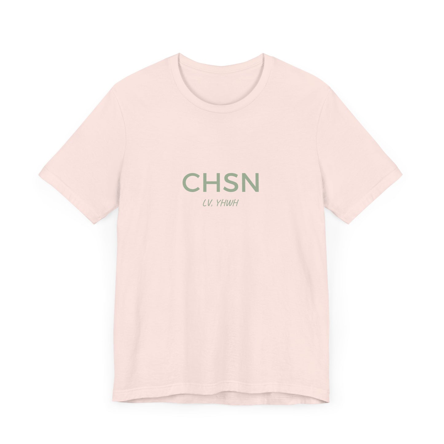 Printify soft pink crewneck Christian graphic t-shirt with minimalist green CHSN text centered