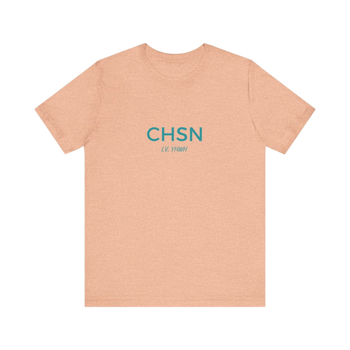 Printify peach crew neck tee with teal CHSN chest print minimalist faith design Christian graphic t-shirt