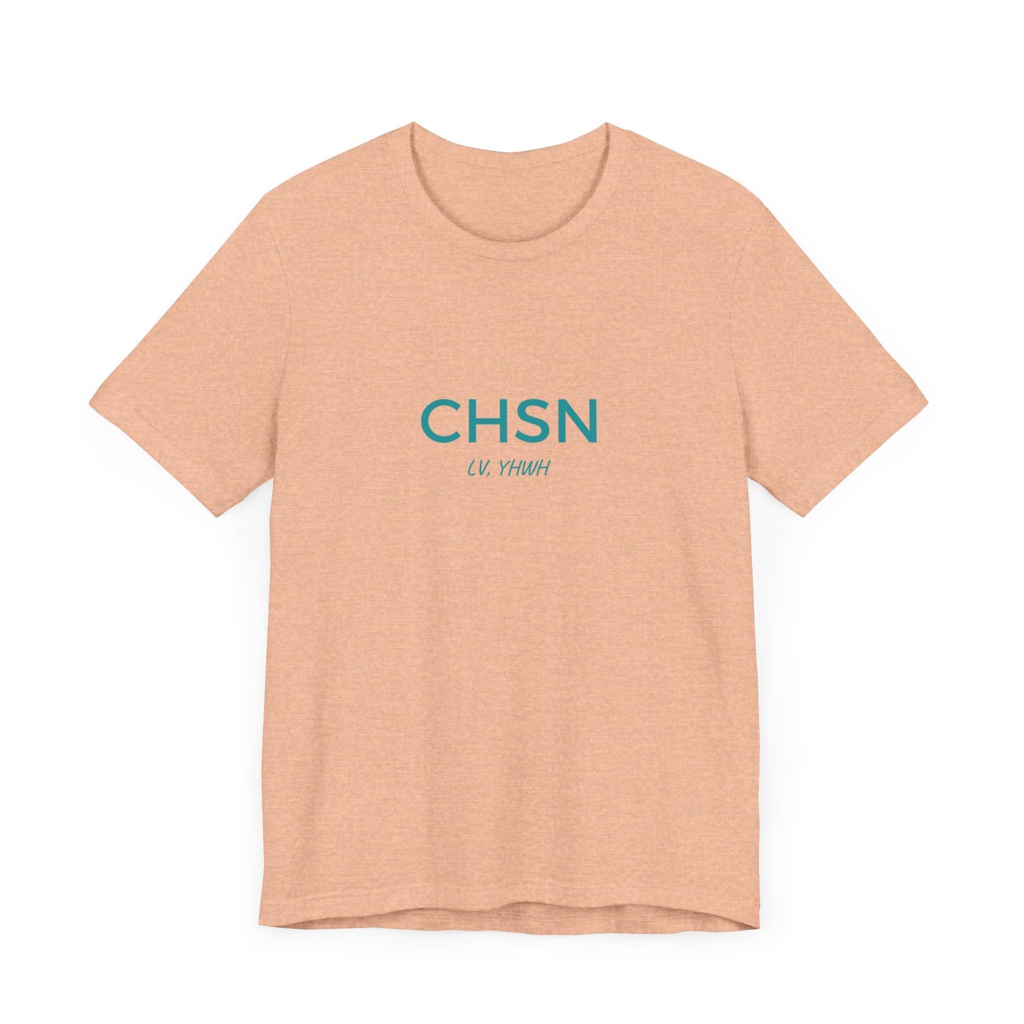 Printify peach heather crewneck Christian graphic t-shirt with teal CHSN chest print minimalist design