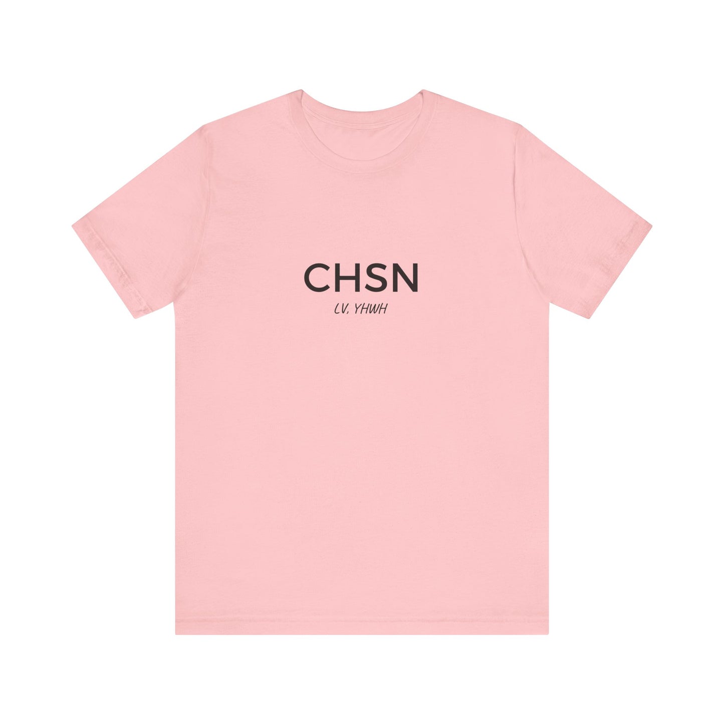 Printify pink unisex Christian graphic t-shirt with minimalist CHSN front text for casual faith wear