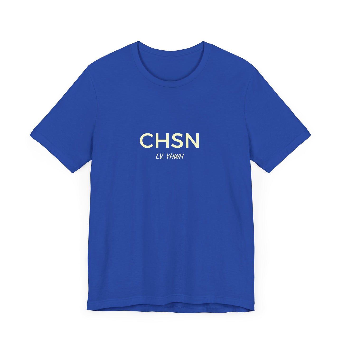 Printify royal blue crew neck Christian graphic t-shirt with minimalist white CHSN lettering and small script