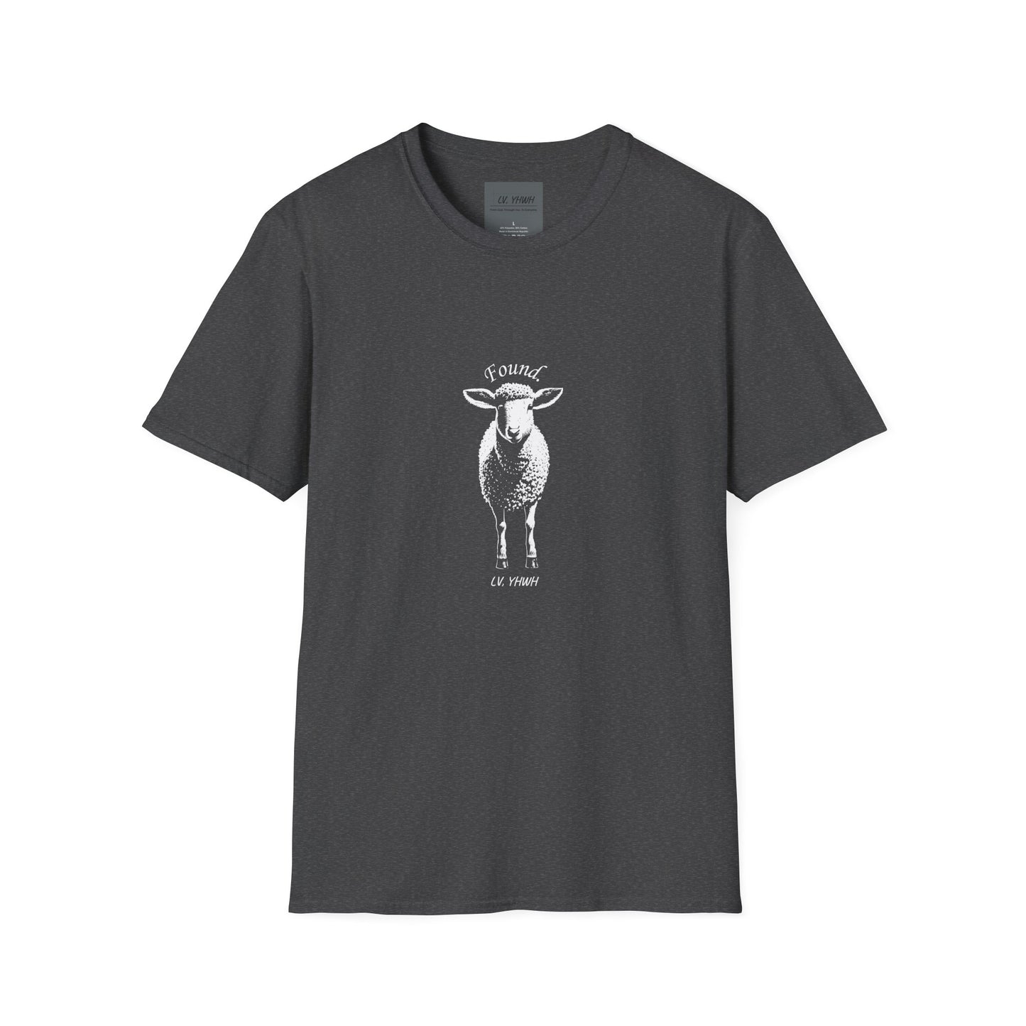 Printify dark charcoal t-shirt with centered white sheep illustration and Found text Christian graphic t-shirt