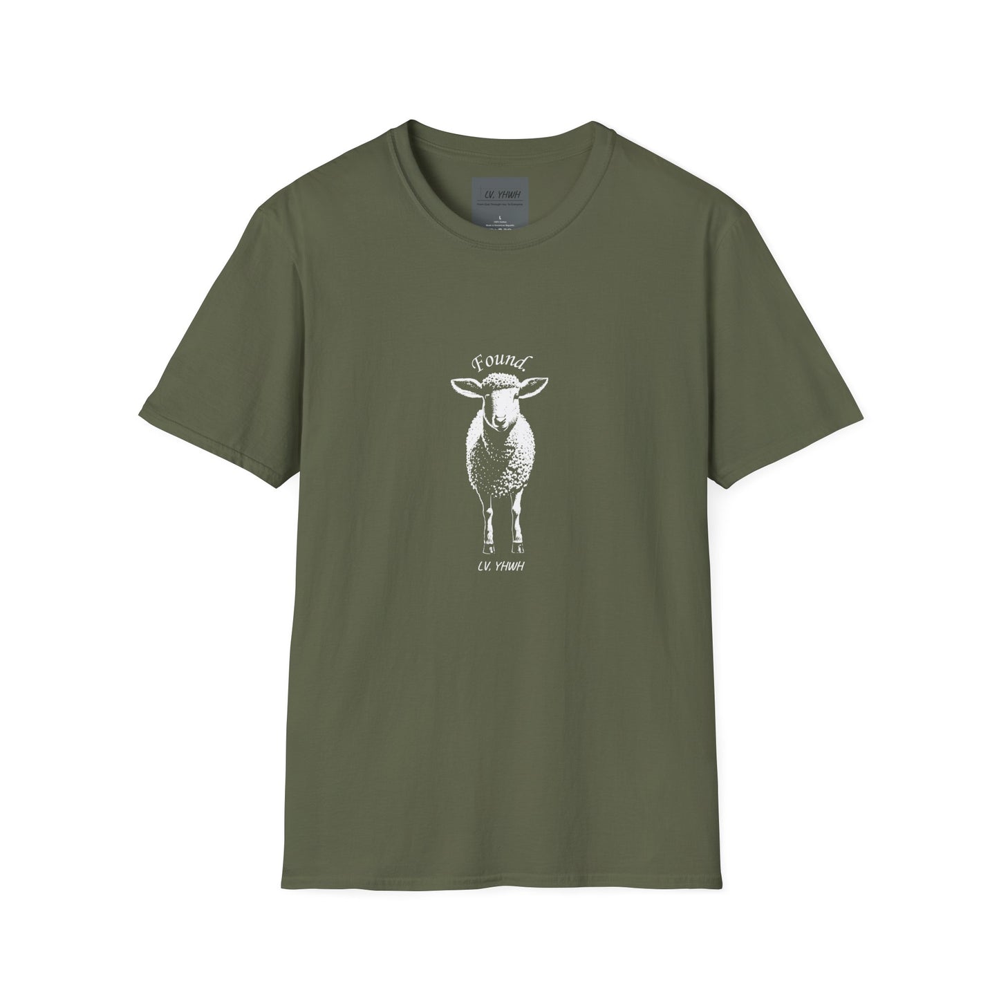 Printify olive green Christian graphic t-shirt with white sheep front print and Found lettering