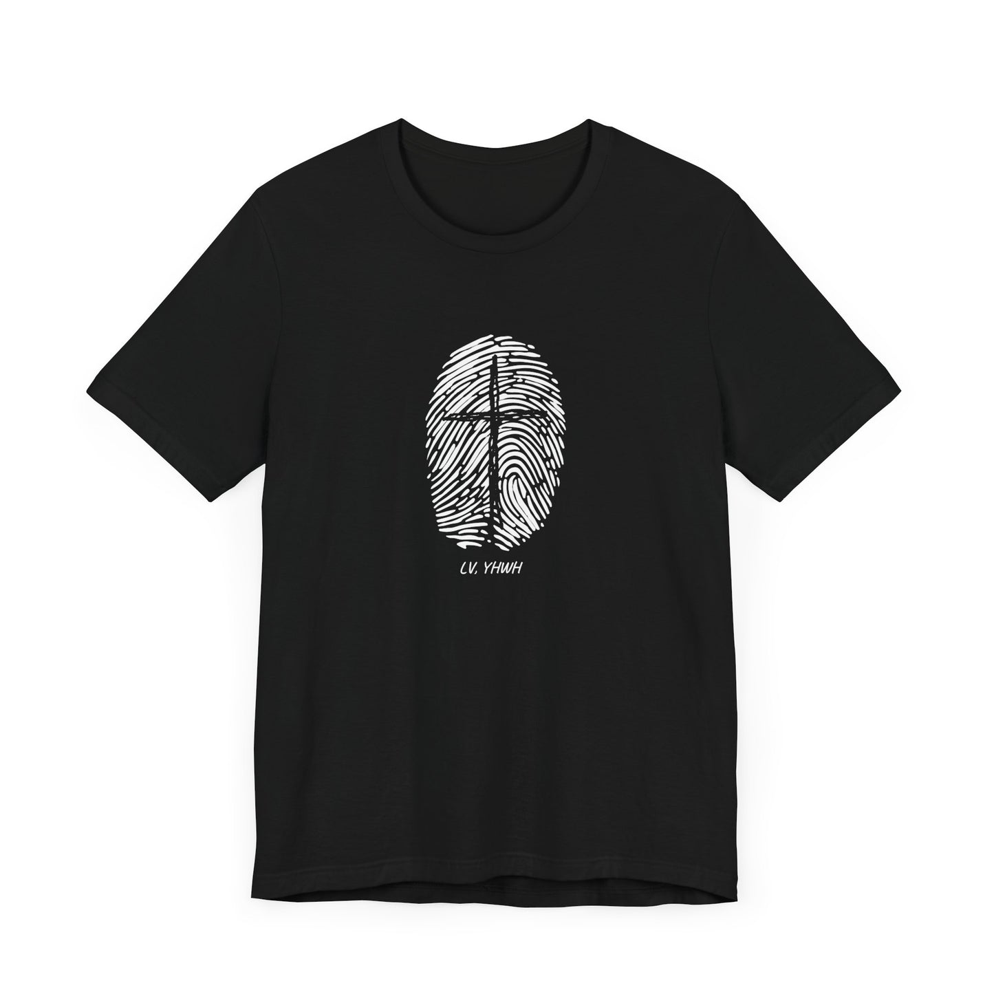 Identity in Christ t-shirt black short sleeve Printify tee with white fingerprint cross design on front