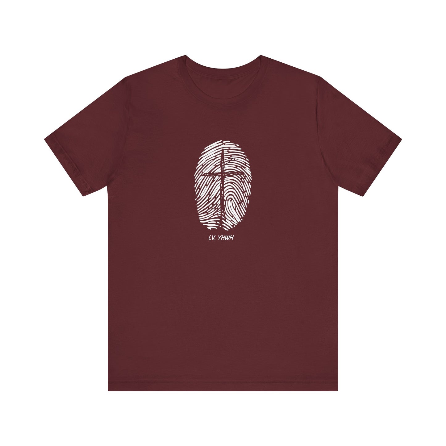 Identity in Christ t-shirt maroon crewneck with white fingerprint forming cross centered on chest short sleeve casual tee