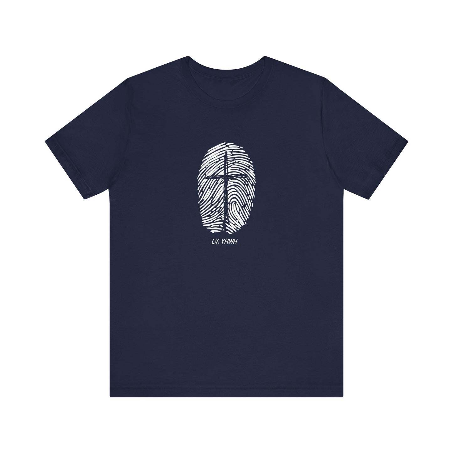 Printify navy t-shirt with centered white fingerprint cross graphic and small text Identity in Christ t-shirt