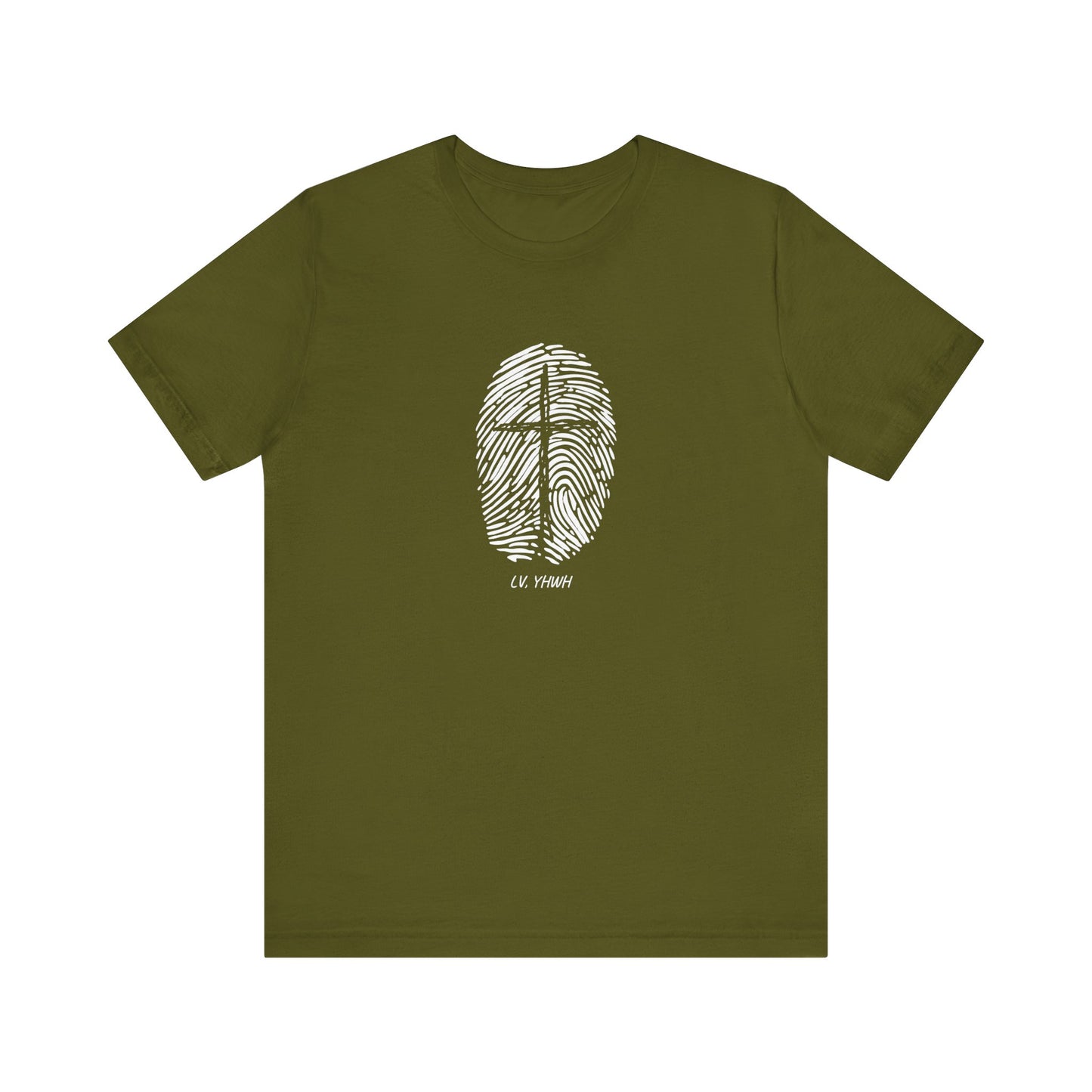 Printify olive green tee with white fingerprint cross graphic on chest Identity in Christ t-shirt