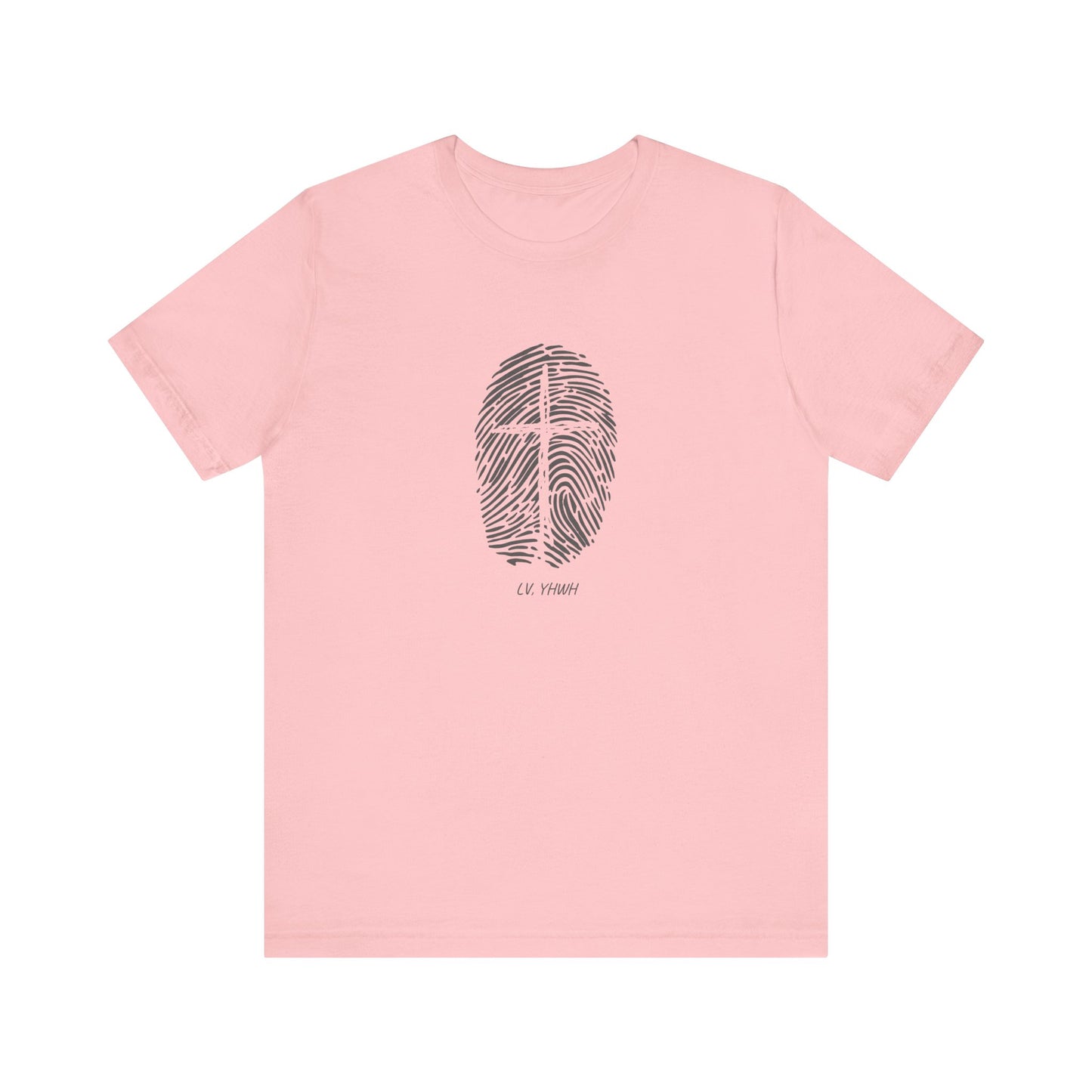 Identity in Christ t-shirt pink short sleeve crewneck with centered fingerprint cross design