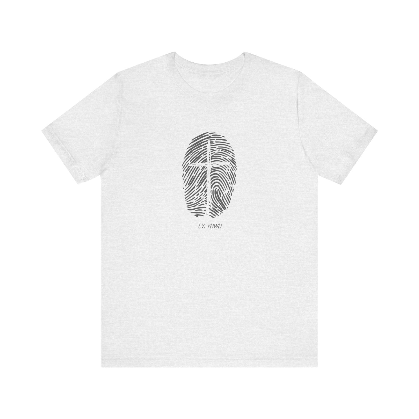 Printify Identity in Christ t-shirt white unisex tee with centered black fingerprint cross design and small script text