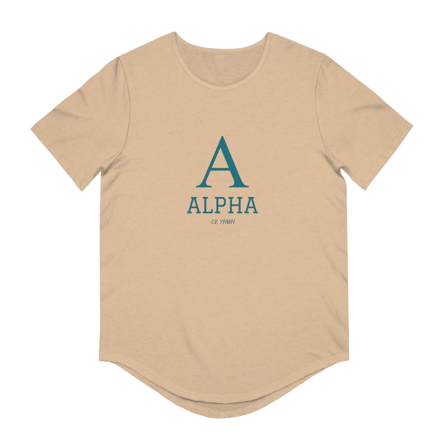 Printify beige curved hem t shirt with teal A and ALPHA front print Alpha and Omega Christian t-shirt