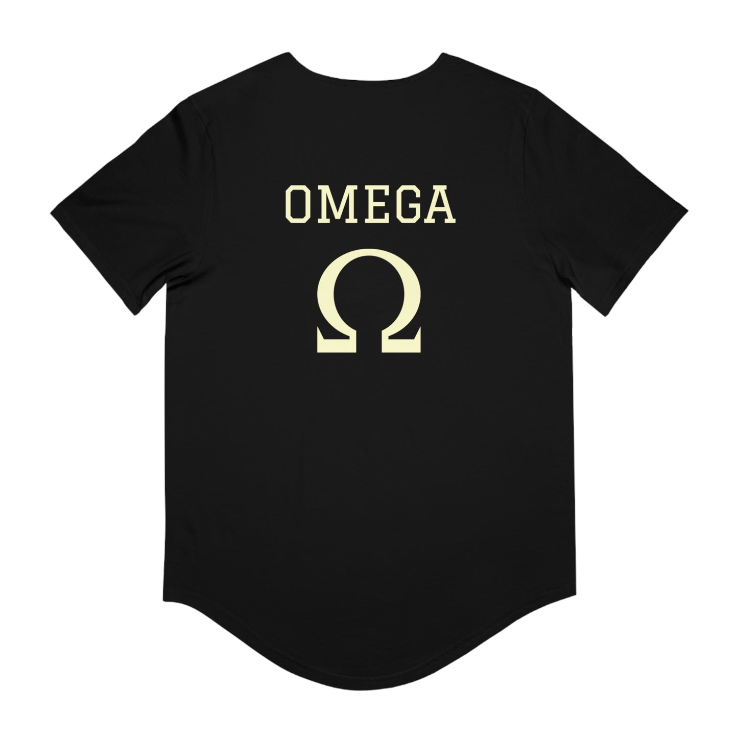 Alpha and Omega Christian t-shirt black back view with OMEGA text and large omega symbol by Printify