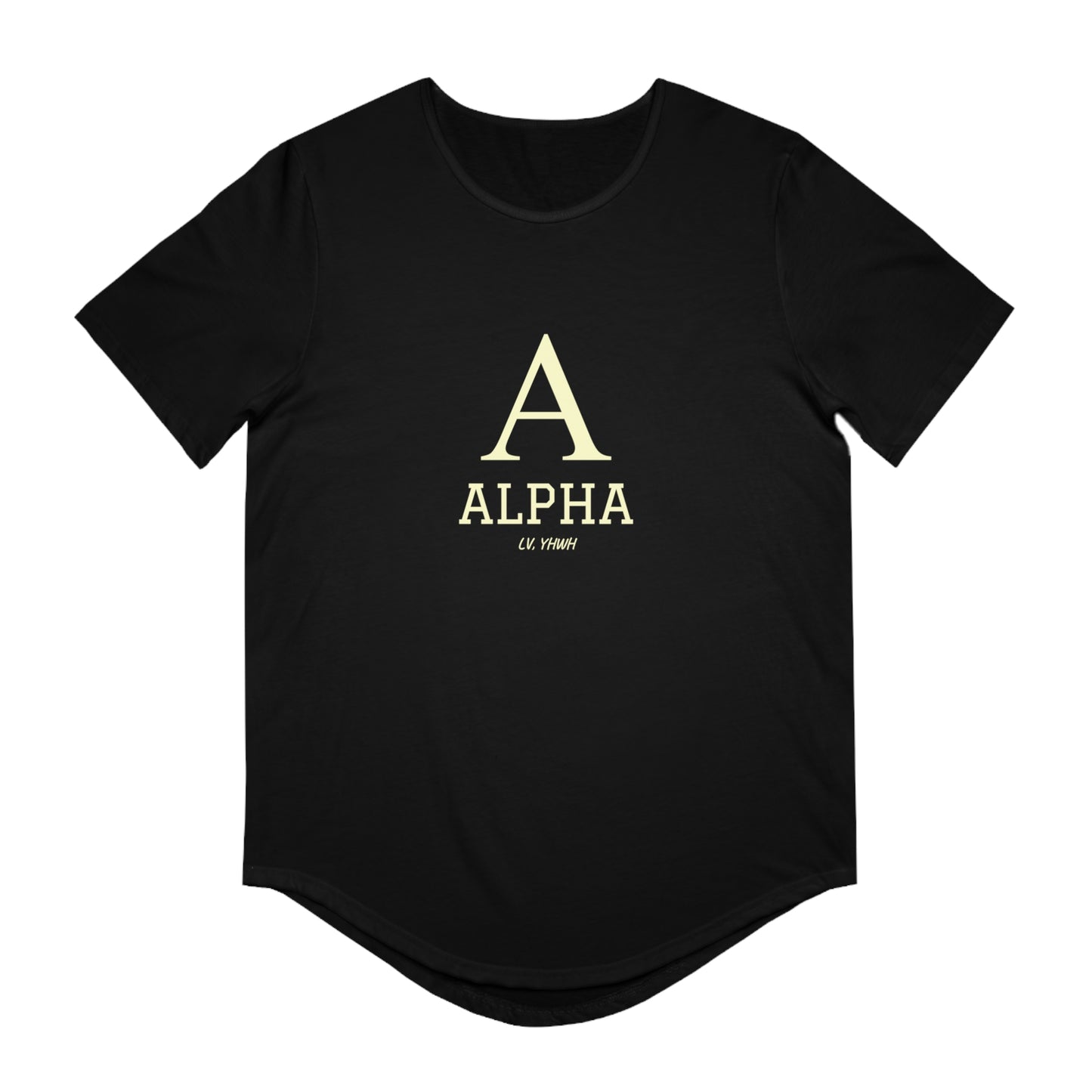Alpha and Omega Christian t-shirt black curved hem crew neck with large A ALPHA print by Printify