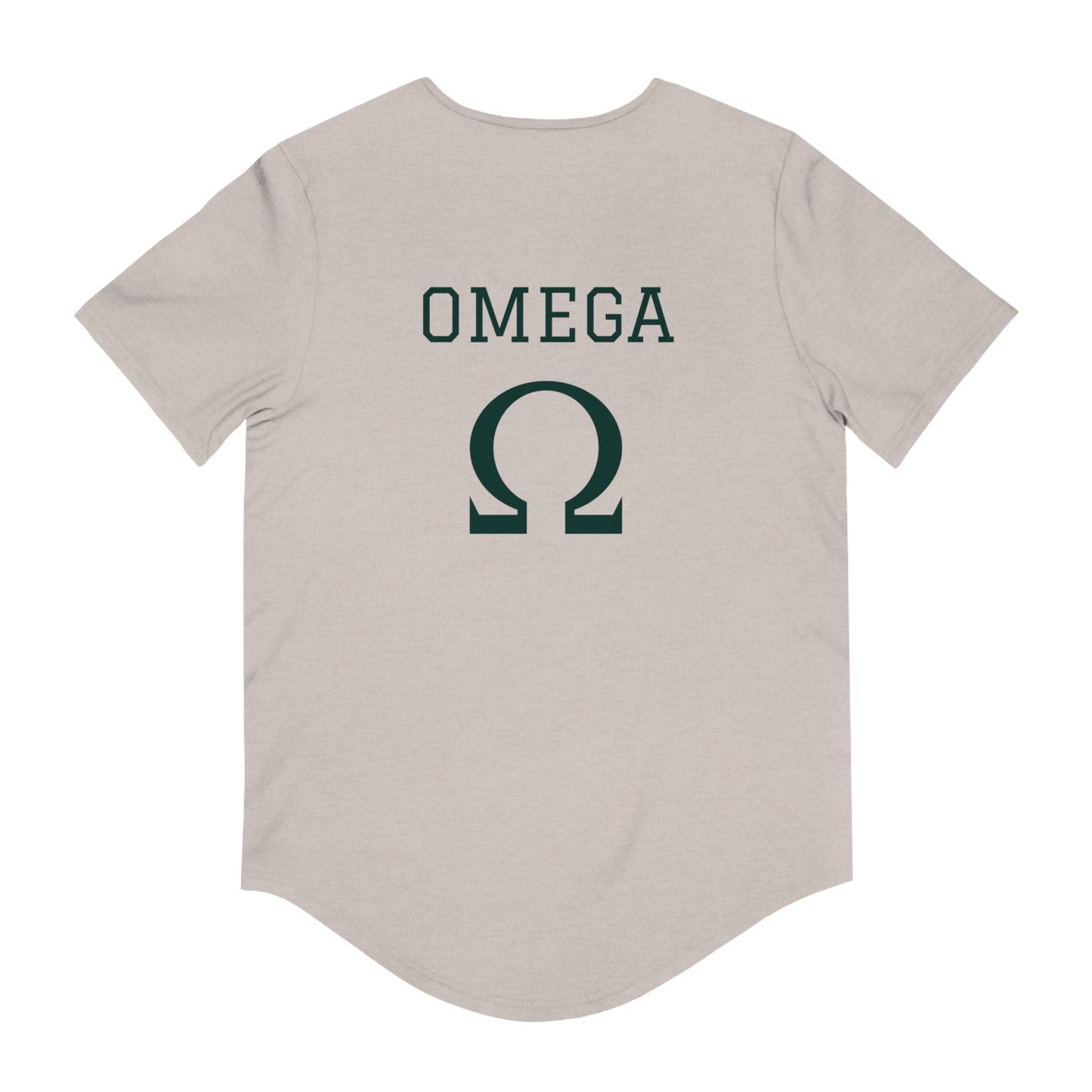 Back view cream short sleeve Printify tee with green OMEGA text and symbol Alpha and Omega Christian t-shirt