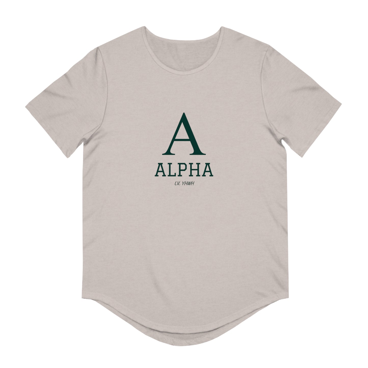 Alpha and Omega Christian t-shirt Printify beige crew neck tee with green A and ALPHA front print