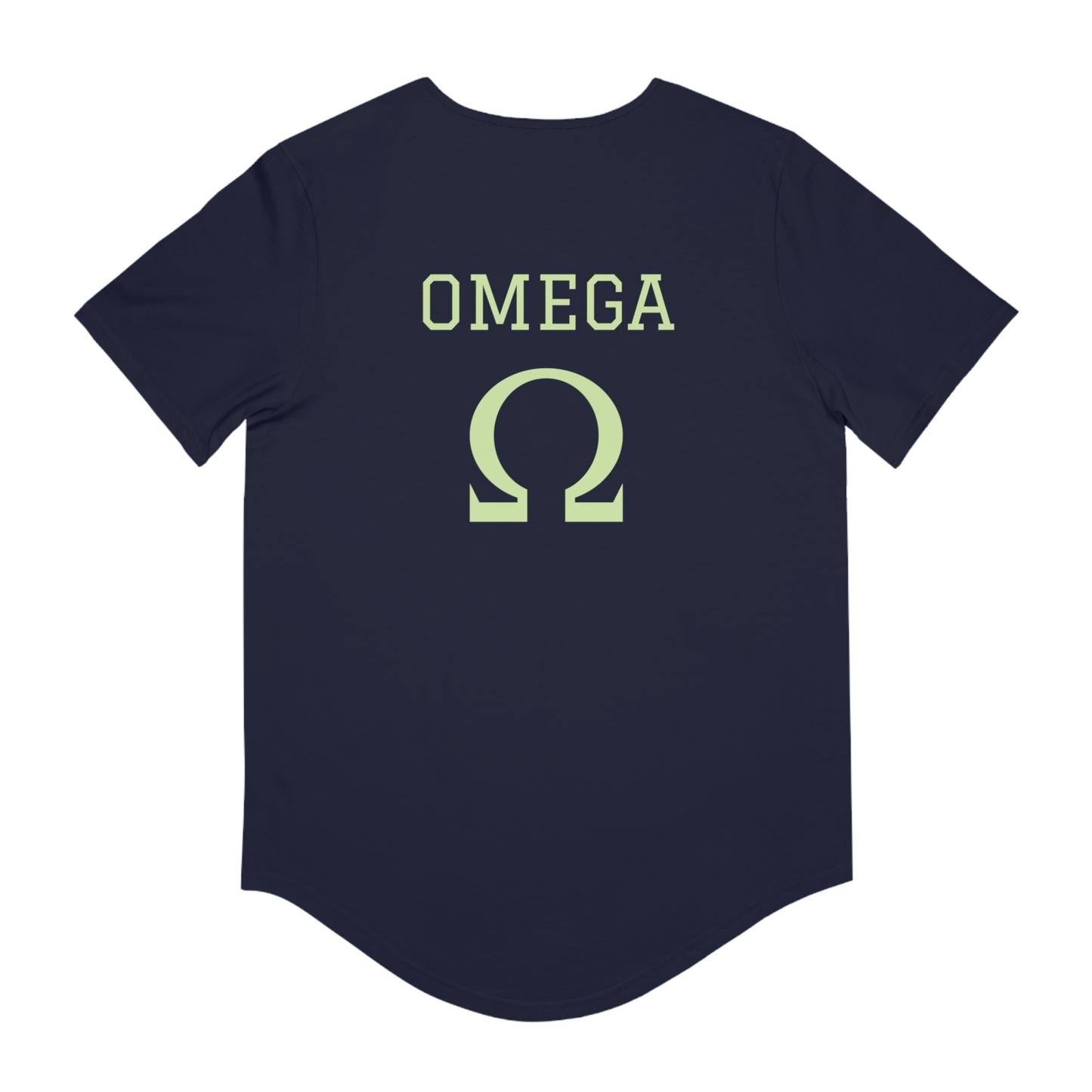 Alpha and Omega Christian t-shirt navy back view showing OMEGA text and large omega symbol on Printify tee
