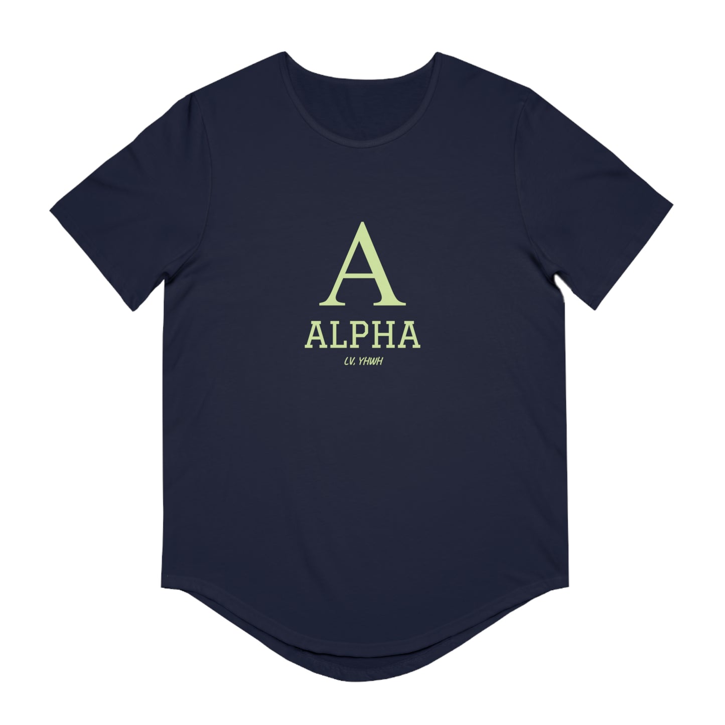 Printify Alpha and Omega Christian t-shirt navy showing large A Alpha front design casual unisex tee