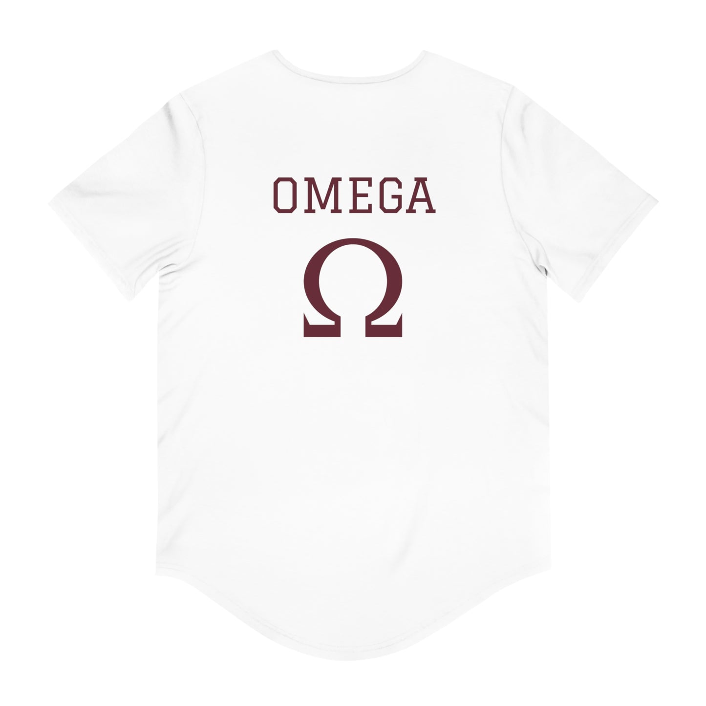 White Printify Alpha and Omega Christian t-shirt with maroon OMEGA text and omega symbol on the back
