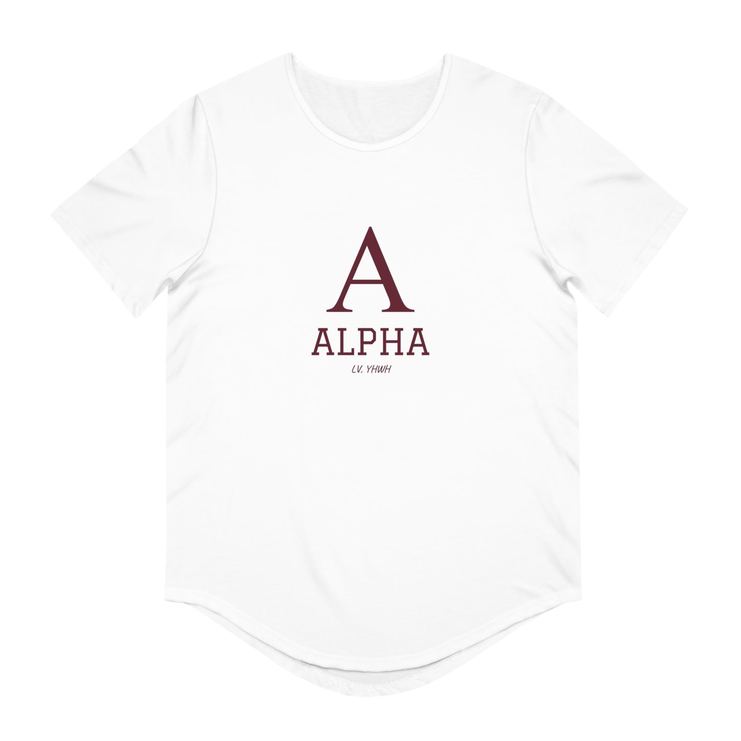 White curved hem t shirt with maroon A and ALPHA front print Alpha and Omega Christian t-shirt