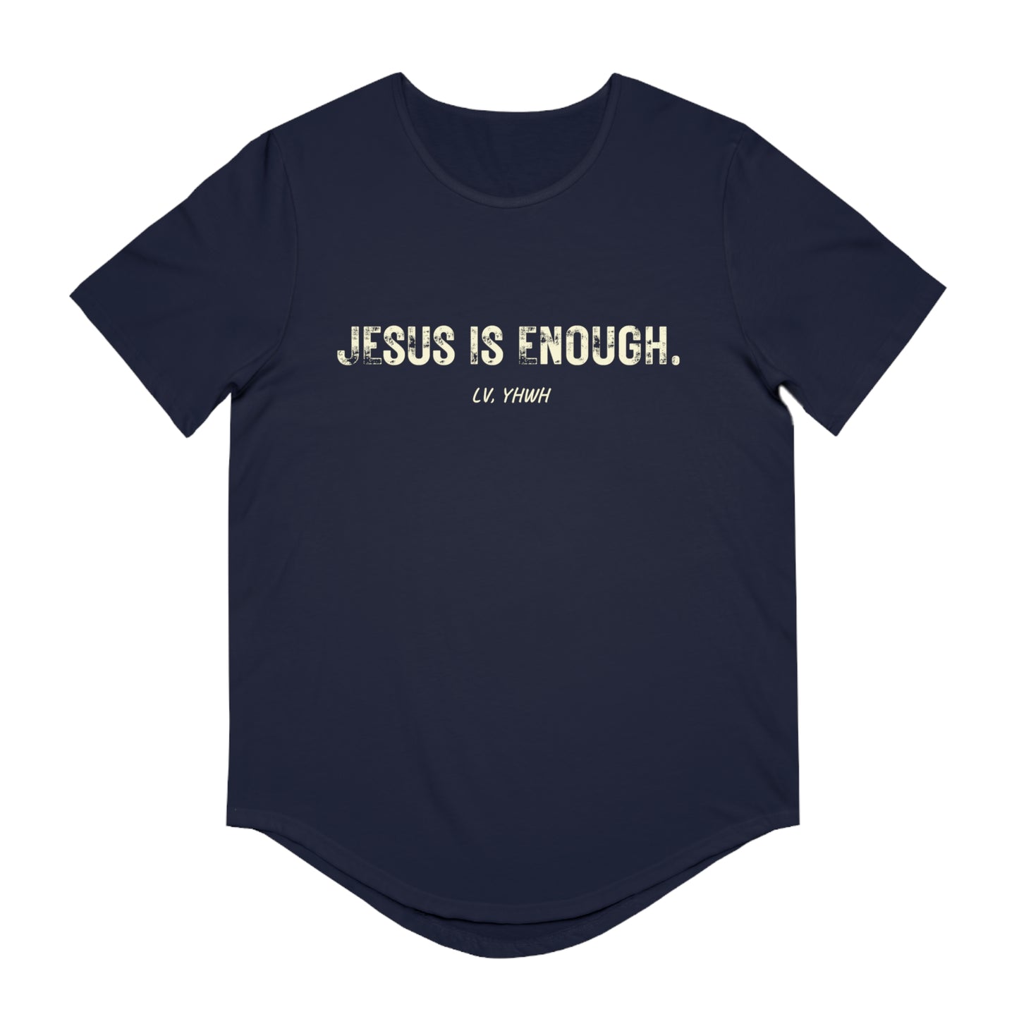 Printify navy curved hem short sleeve tee with distressed white script Jesus is enough t-shirt faith statement