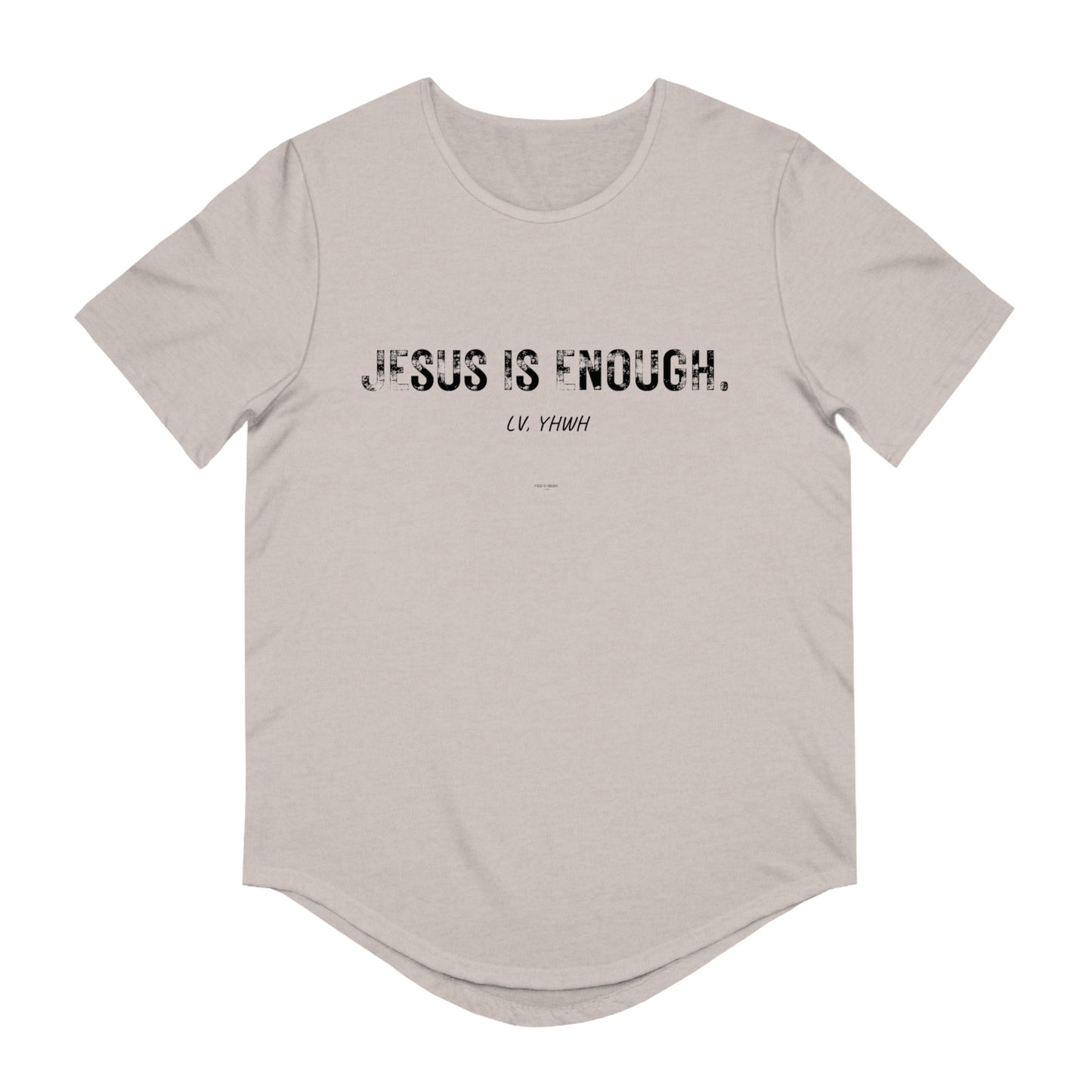 Beige Jesus is enough t-shirt with distressed black chest print scoop neck short sleeves and curved hem