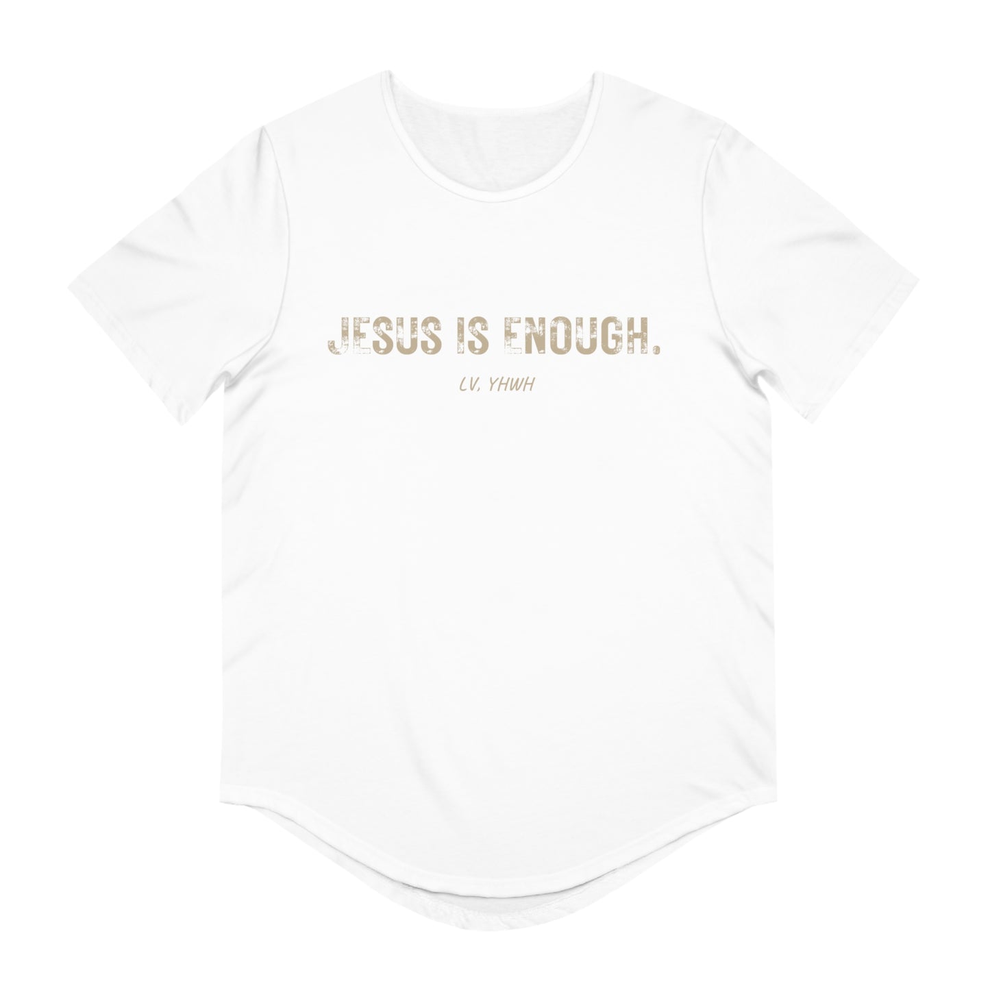 Printify white curved hem short sleeve tee with distressed beige lettering and Jesus is enough t-shirt centered
