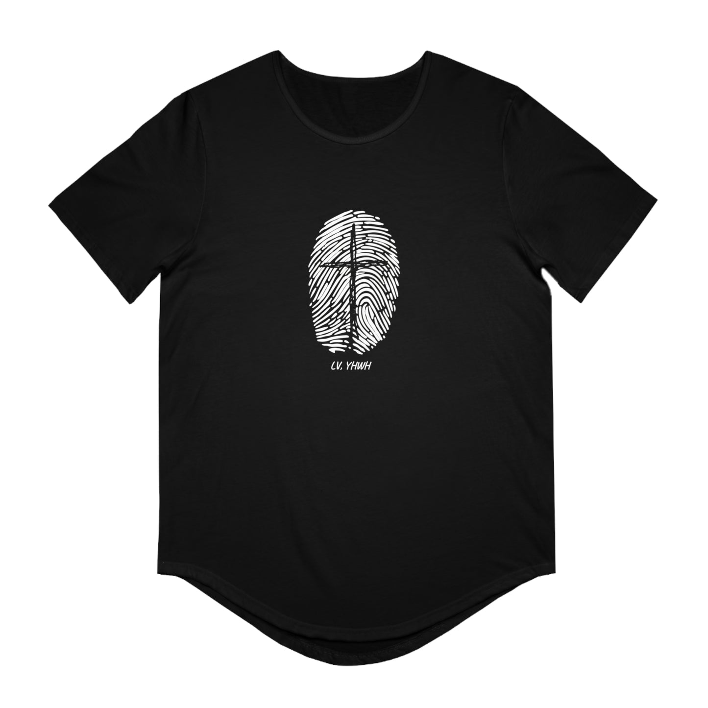 Printify black curved hem Christian men’s graphic tee with white fingerprint cross design centered