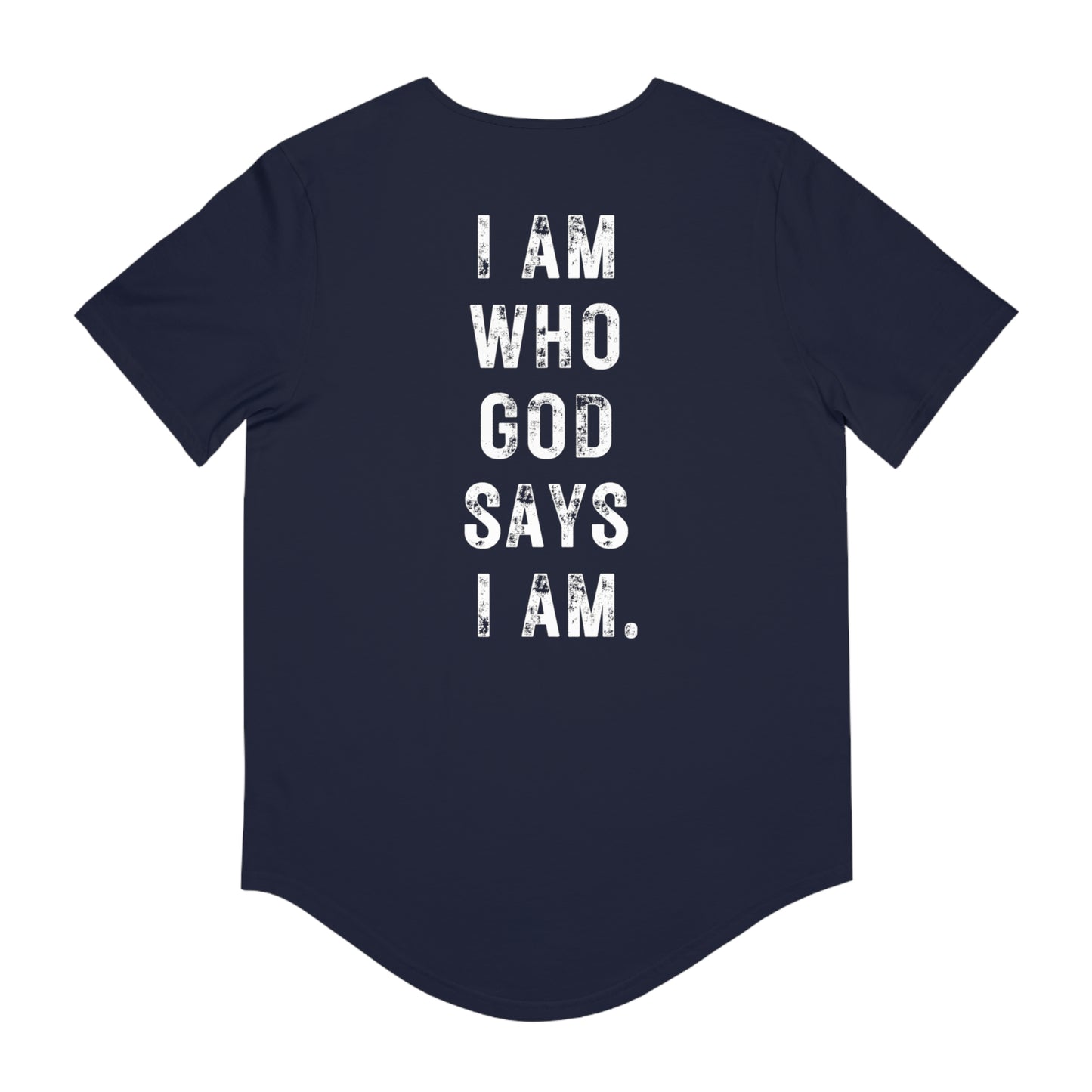 Printify navy Christian men’s graphic tee. Back print with distressed vertical white text I AM WHO GOD SAYS I AM