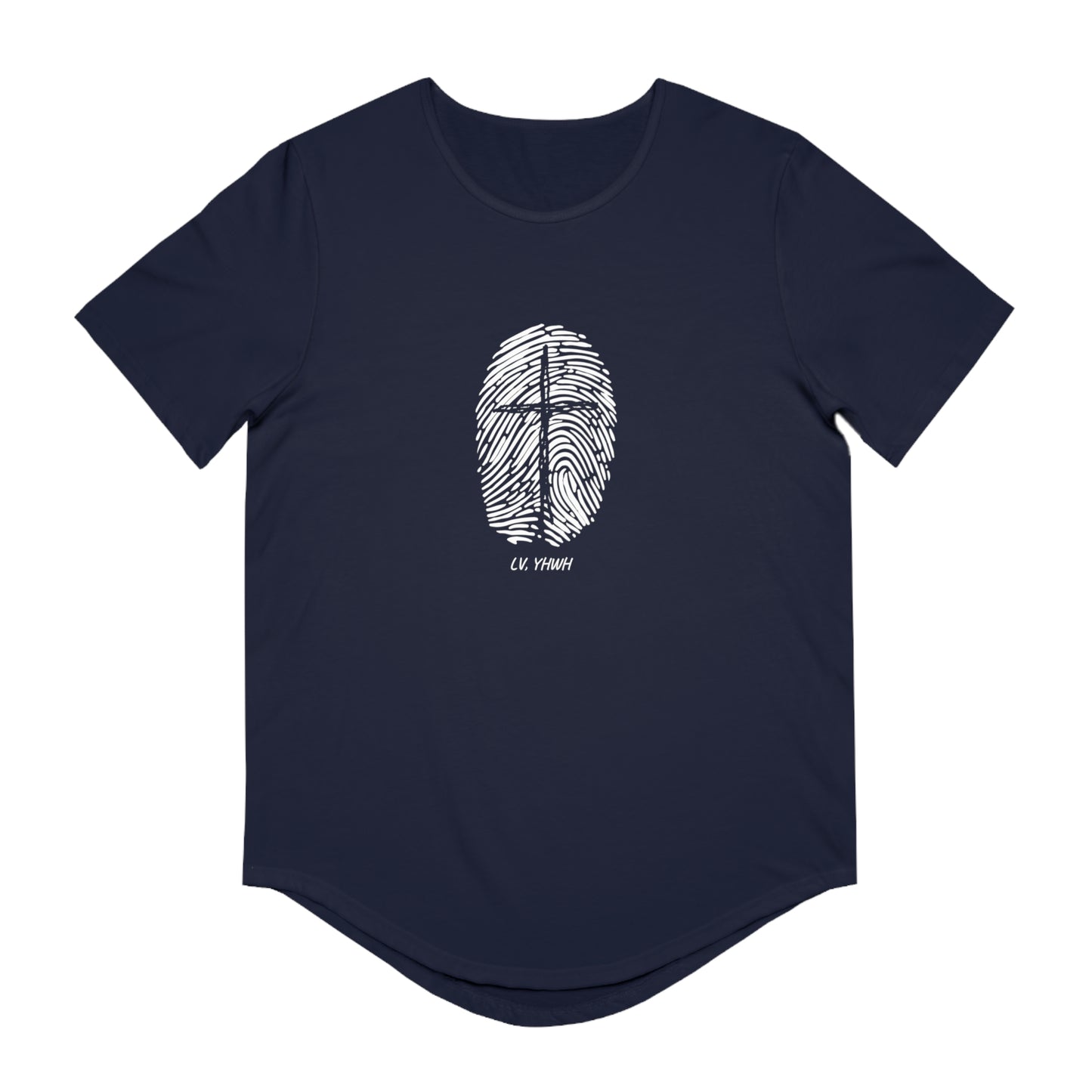 Navy curved hem short sleeve Christian men’s graphic tee with white fingerprint cross design
