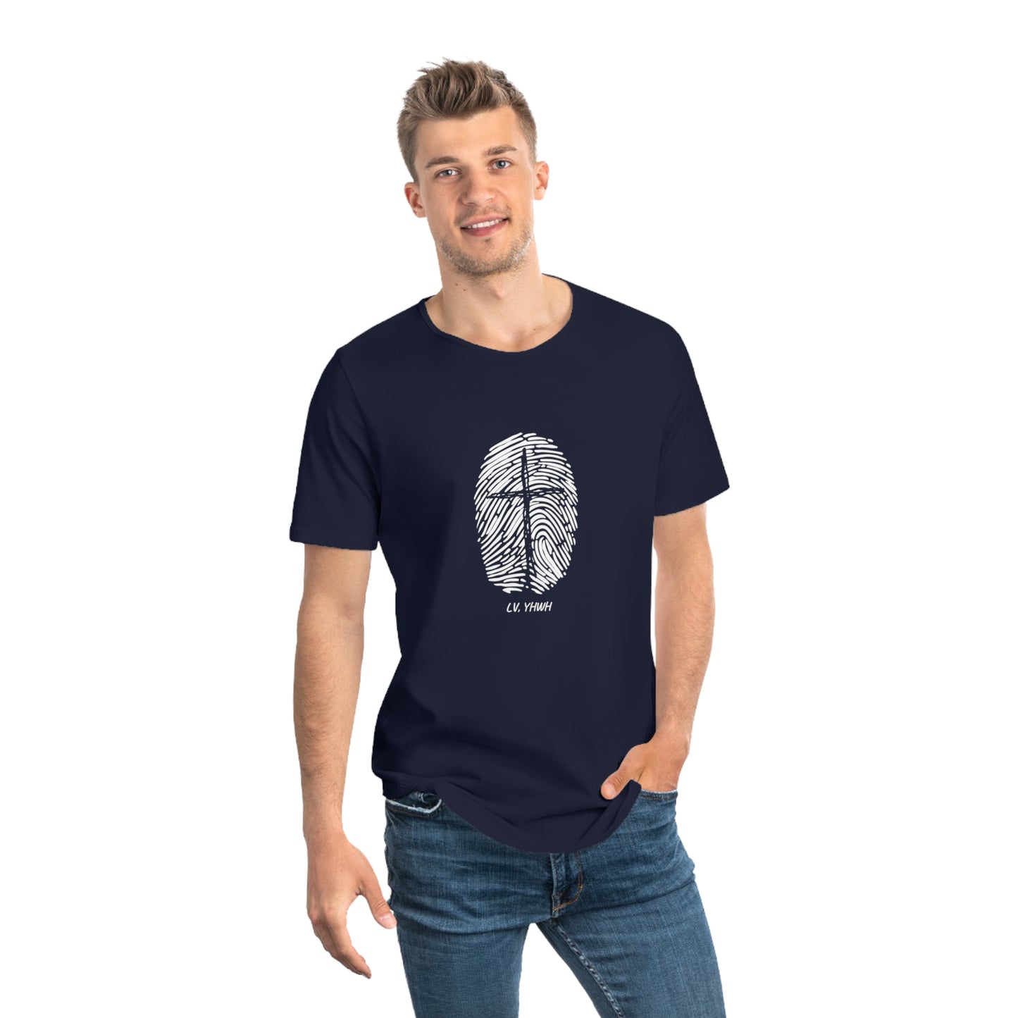 Printify navy t shirt with white fingerprint design worn by model Christian men’s graphic tee for faith style