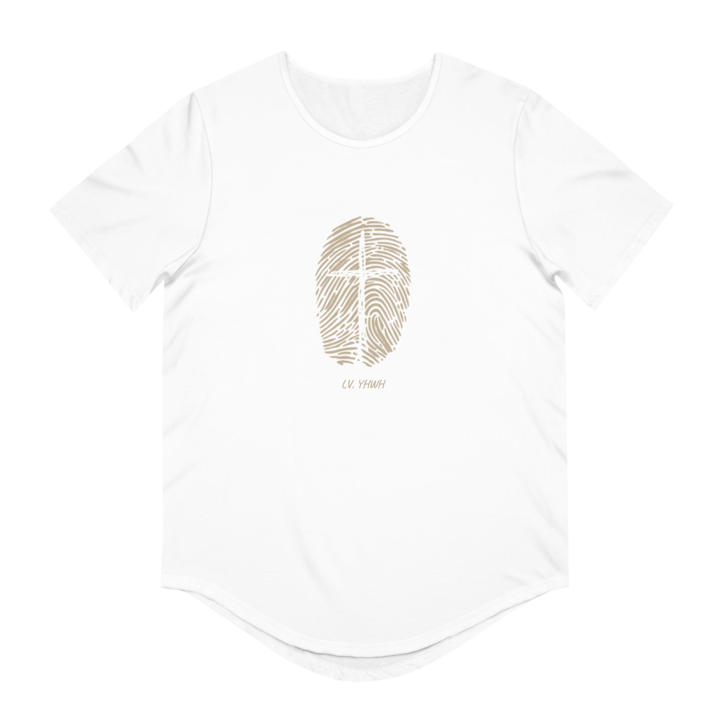 Printify white curved hem T-shirt with beige fingerprint cross design and small script text Christian men’s graphic tee