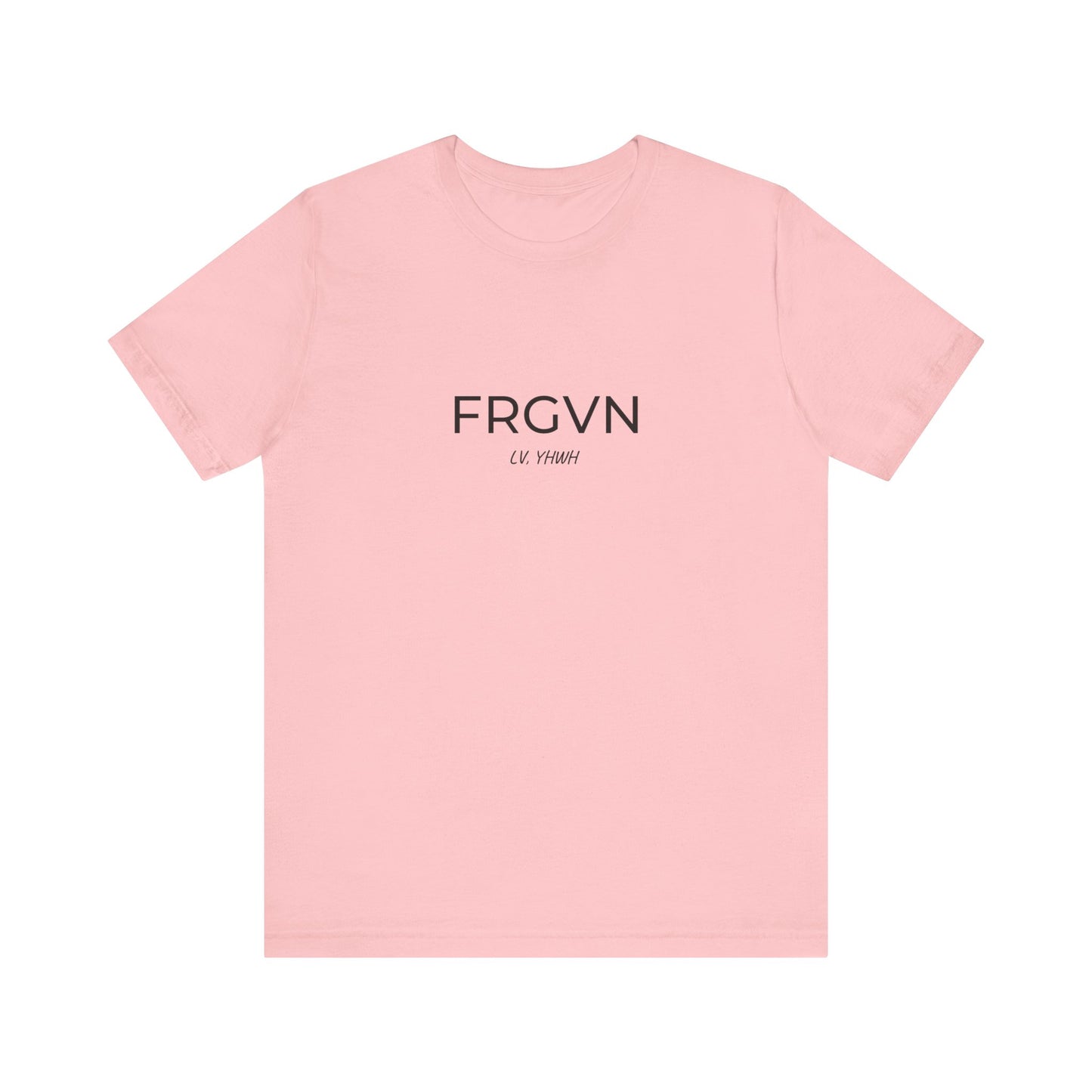 Printify pink crew neck Christian graphic t-shirt with minimalist black FRGVN text and small YHWH print