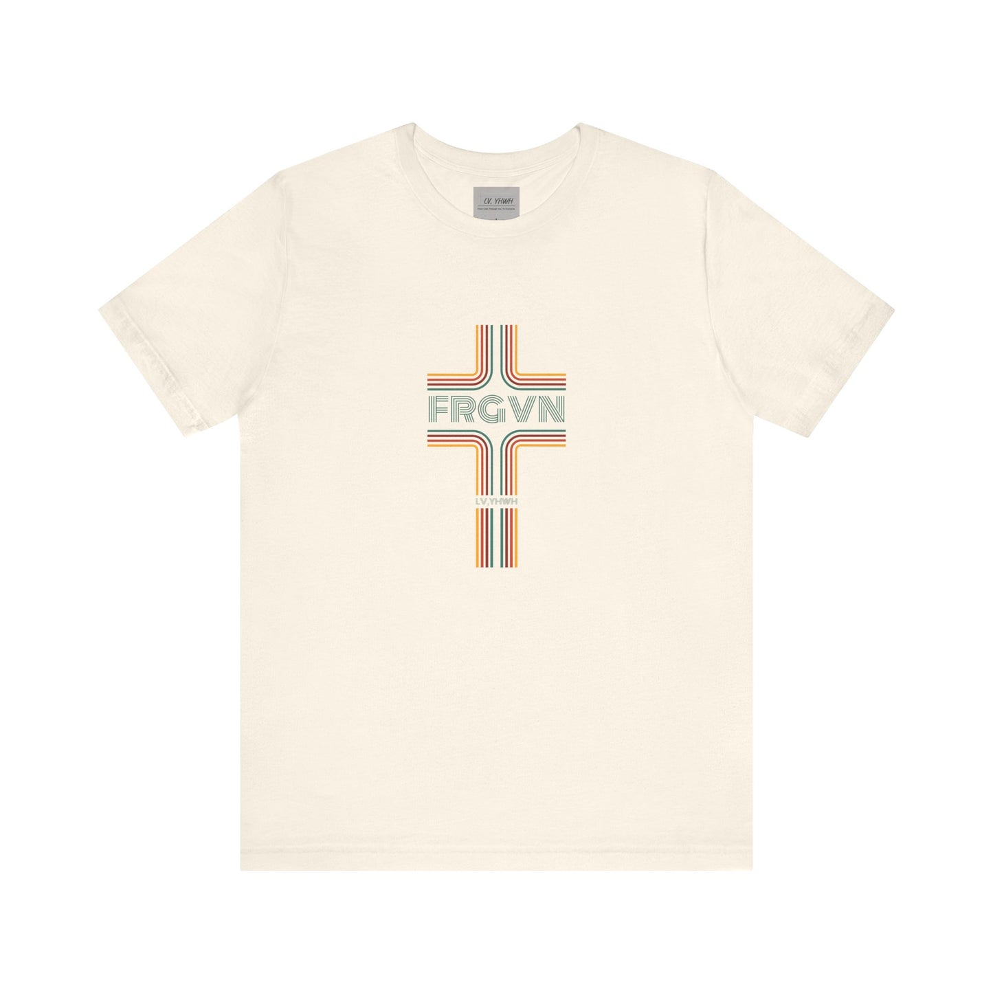 Printify cream shirt with Christian graphic t-shirt design featuring a retro striped cross and FRGVN text on chest
