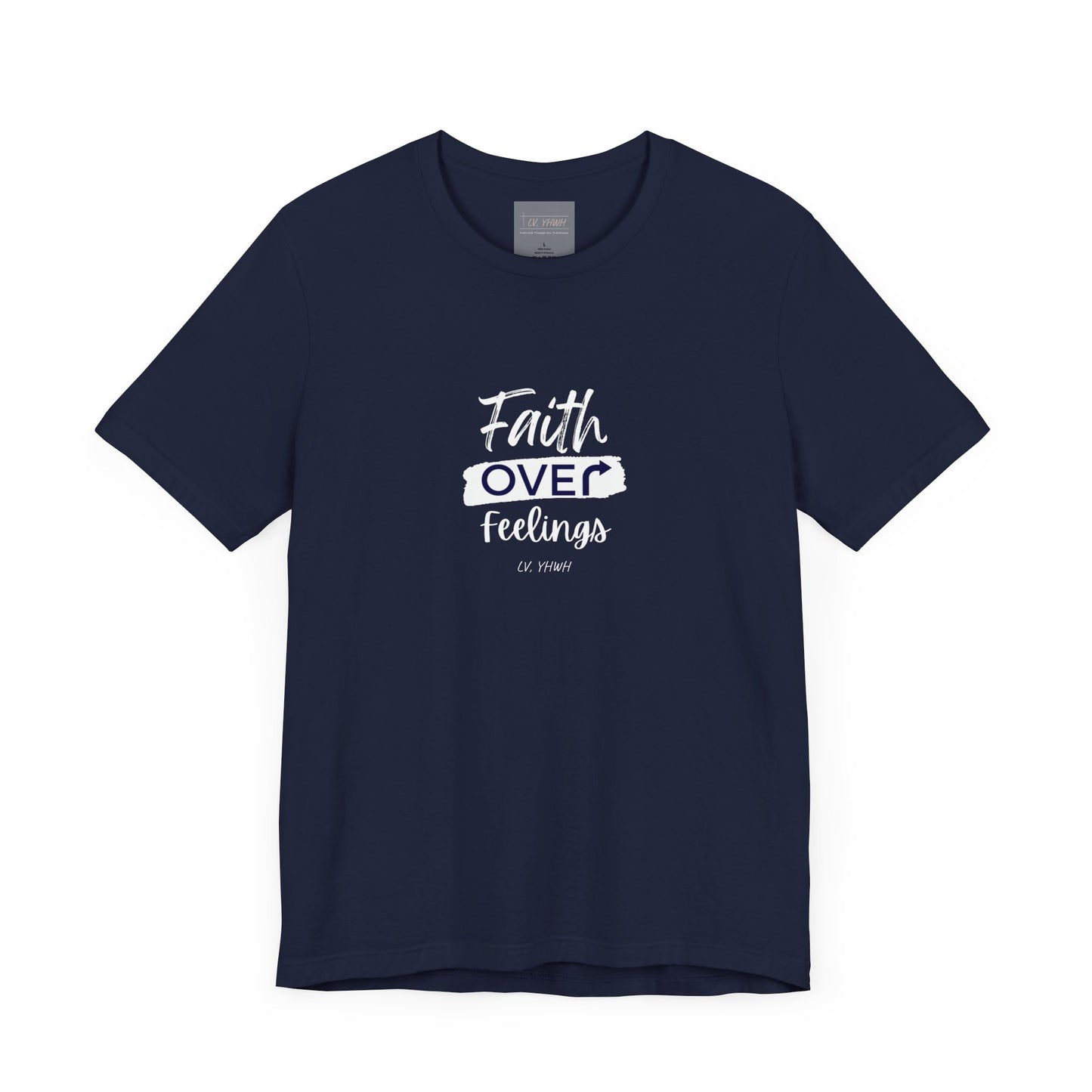 Printify navy crew neck faith over feelings t-shirt with white centered inspirational script design