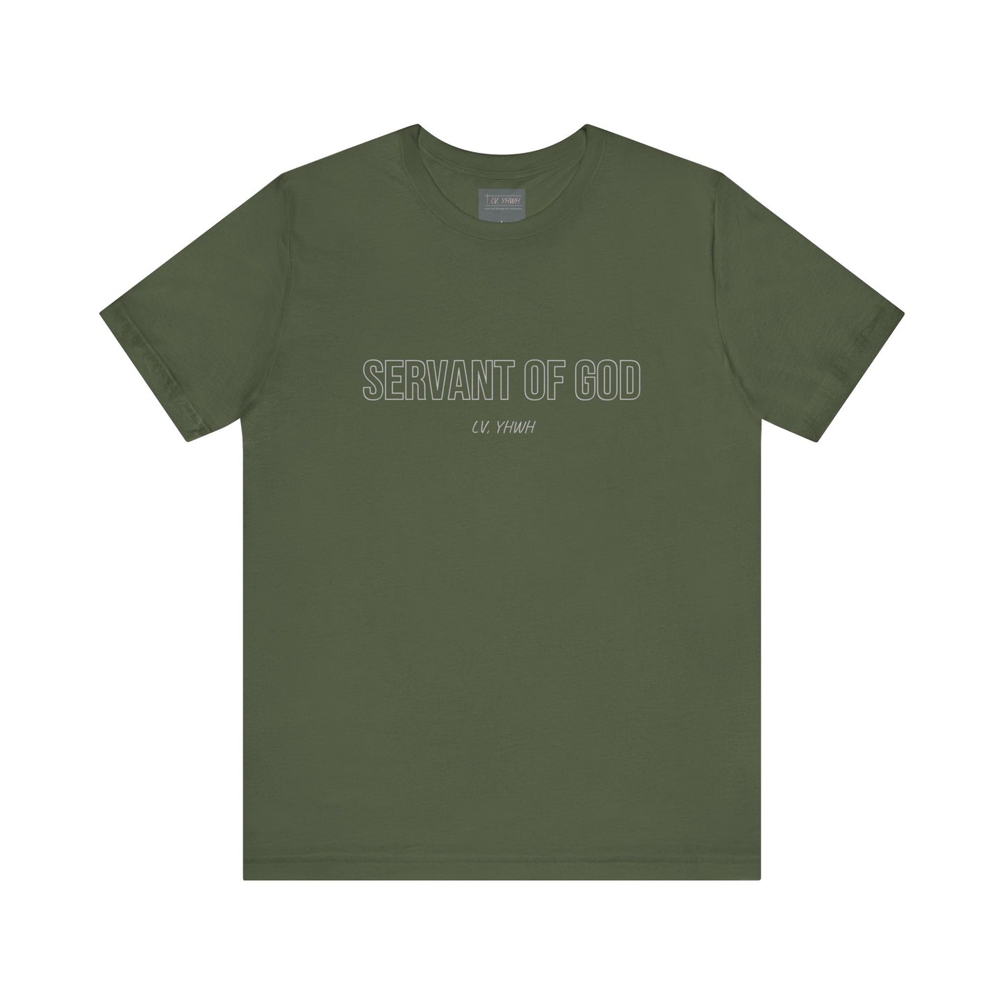 Printify olive green crewneck servant of God t-shirt with outlined white text centered casual faith tee
